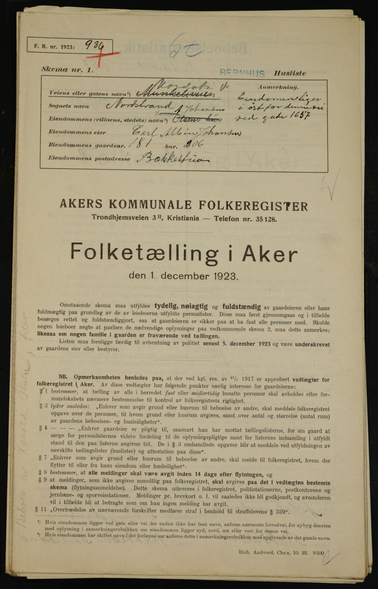 , Kommunal folketelling 1.12.1923 for Aker, 1923, s. 42188