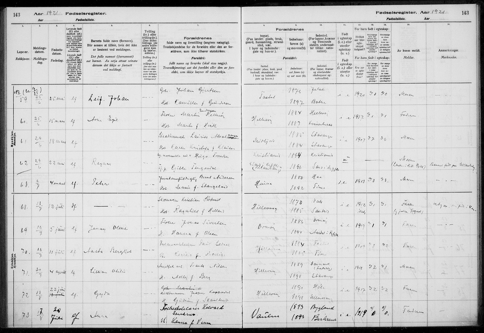 Hetland sokneprestkontor, AV/SAST-A-101826/70/704BA/L0003: Fødselsregister nr. 1, 1916-1923, s. 143