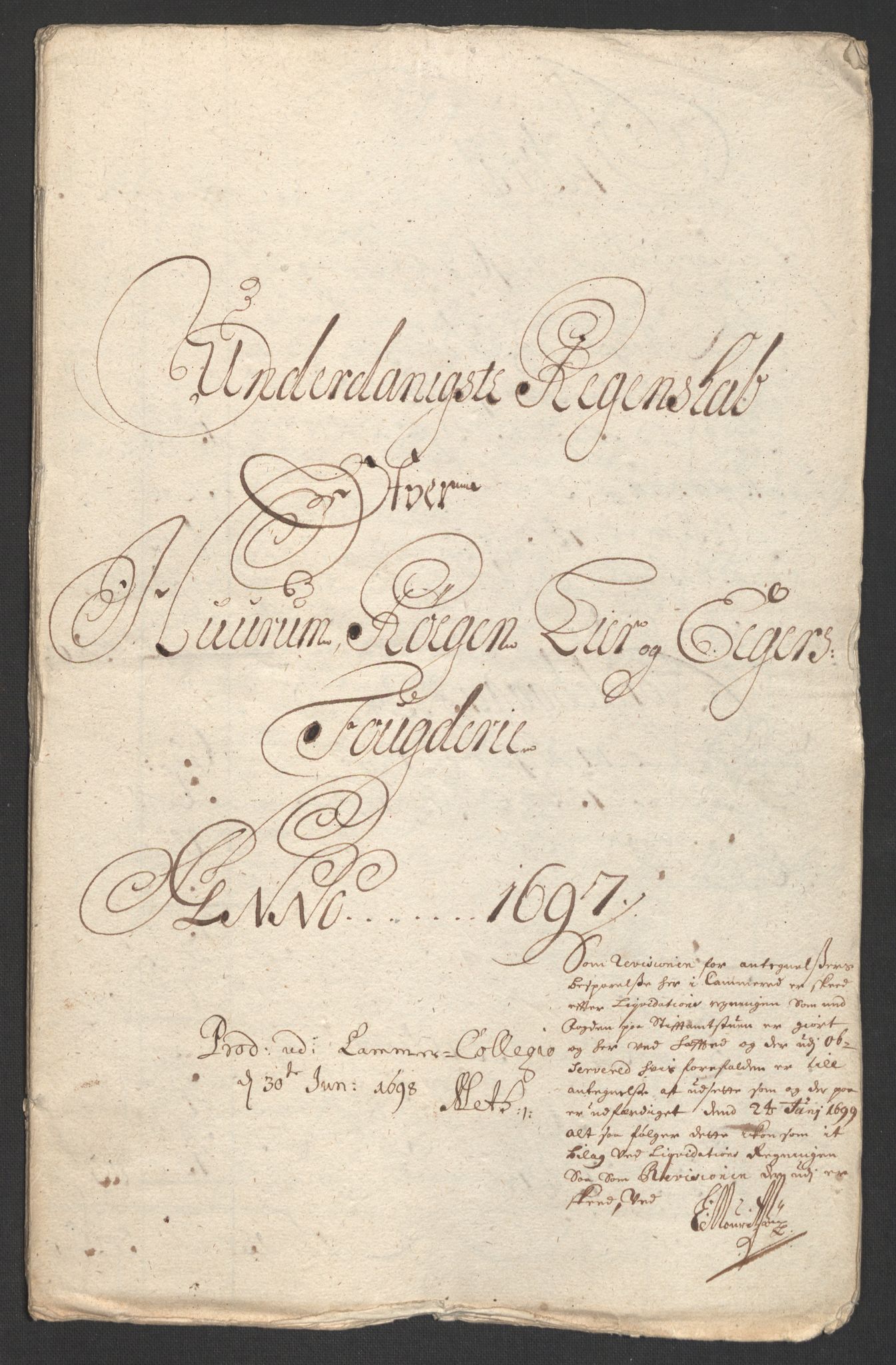 Rentekammeret inntil 1814, Reviderte regnskaper, Fogderegnskap, AV/RA-EA-4092/R30/L1695: Fogderegnskap Hurum, Røyken, Eiker og Lier, 1697, s. 3