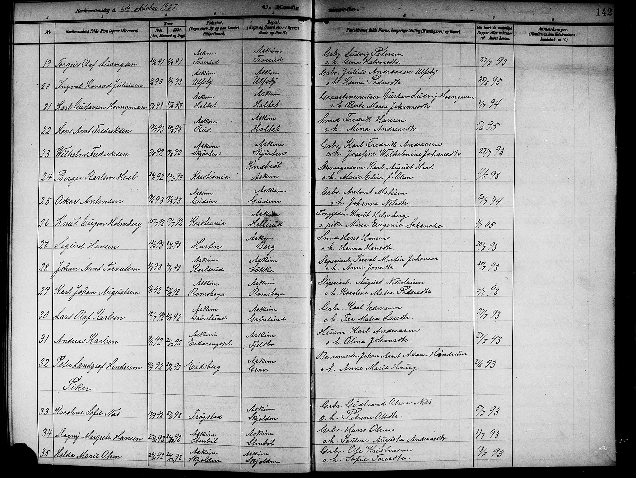 Askim prestekontor Kirkebøker, AV/SAO-A-10900/G/Ga/L0002: Klokkerbok nr. 2, 1903-1921, s. 142