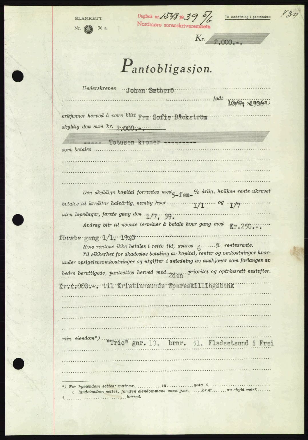 Nordmøre sorenskriveri, AV/SAT-A-4132/1/2/2Ca: Pantebok nr. B85, 1939-1939, Dagboknr: 1548/1939