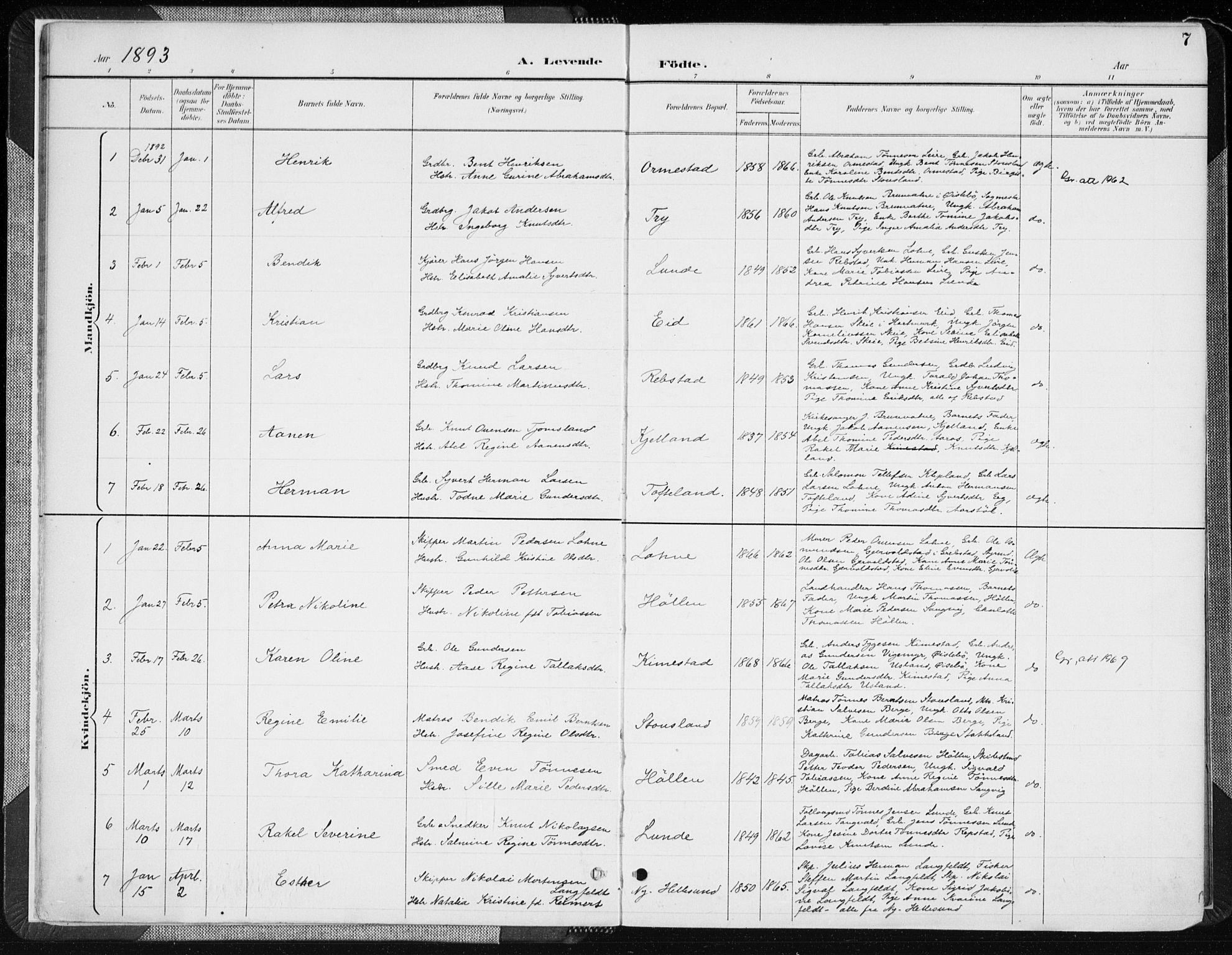 Søgne sokneprestkontor, AV/SAK-1111-0037/F/Fa/Fab/L0013: Ministerialbok nr. A 13, 1892-1911, s. 7