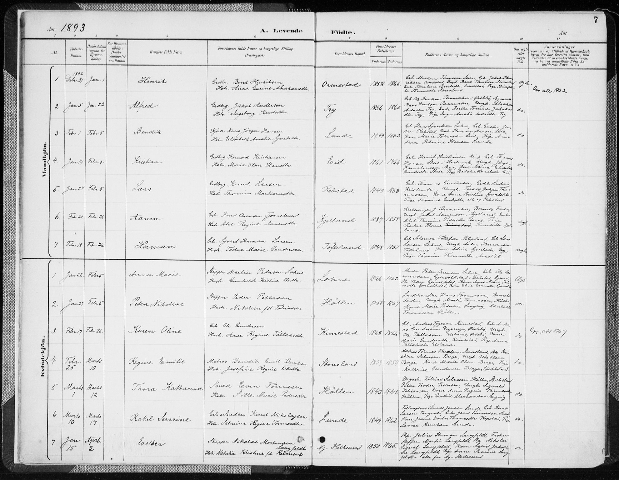 Søgne sokneprestkontor, AV/SAK-1111-0037/F/Fa/Fab/L0013: Ministerialbok nr. A 13, 1892-1911, s. 7