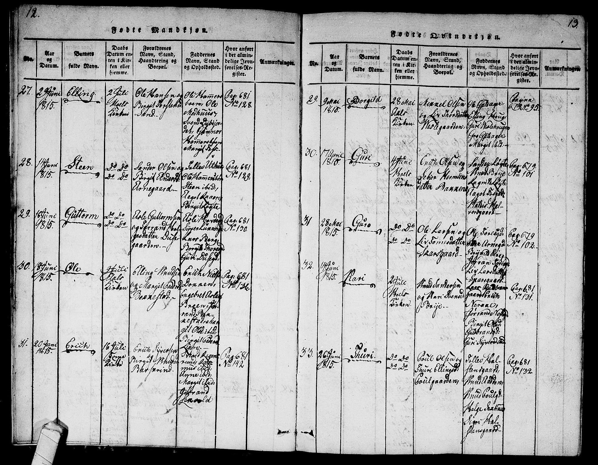 Ål kirkebøker, AV/SAKO-A-249/G/Ga/L0001: Klokkerbok nr. 1, 1815-1829, s. 12-13