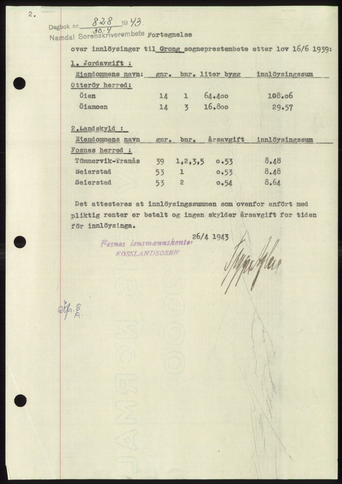 Namdal sorenskriveri, SAT/A-4133/1/2/2C: Pantebok nr. -, 1942-1943, Dagboknr: 828/1943