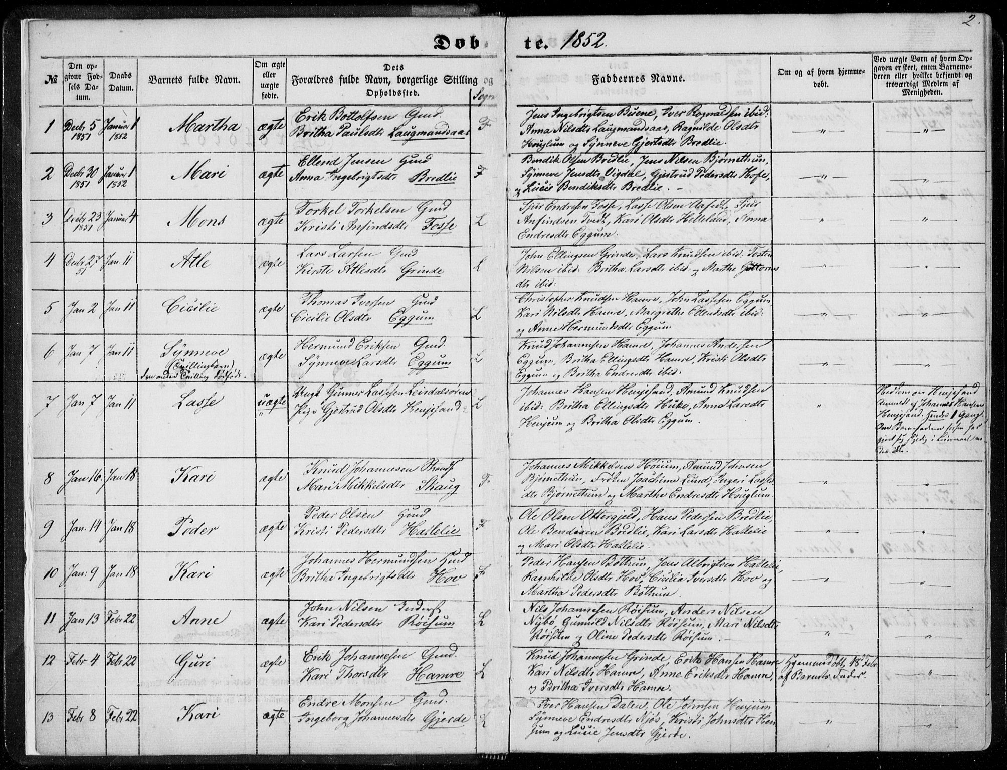 Leikanger sokneprestembete, AV/SAB-A-81001/H/Haa/Haaa/L0008: Ministerialbok nr. A 8, 1852-1868, s. 2