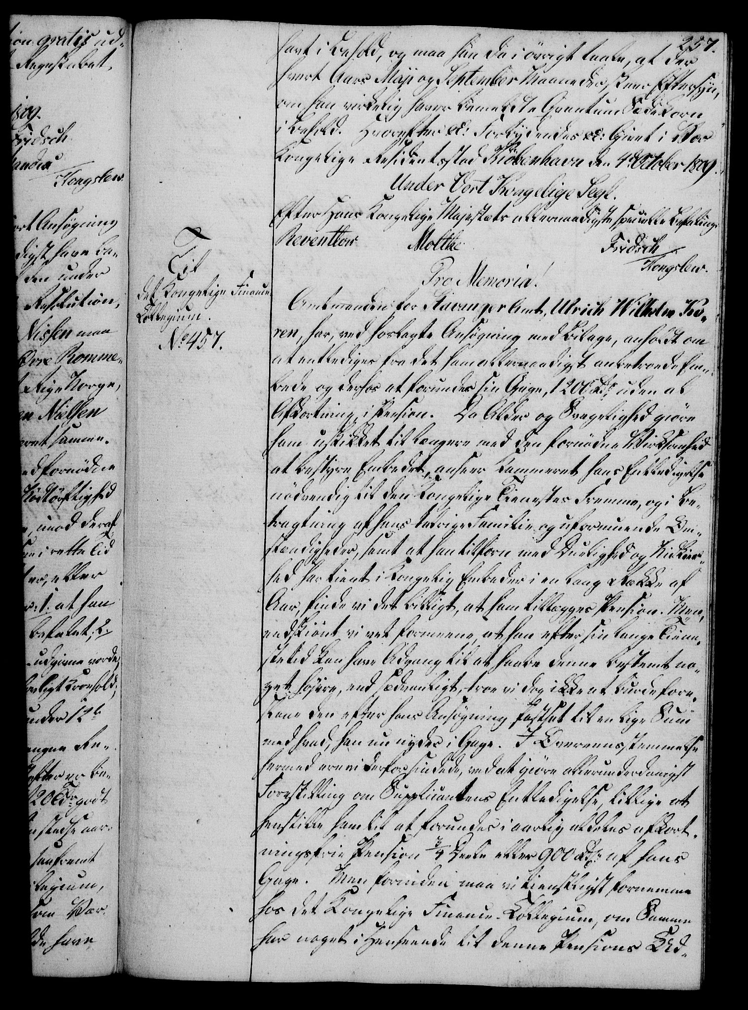 Rentekammeret, Kammerkanselliet, AV/RA-EA-3111/G/Gg/Gga/L0019: Norsk ekspedisjonsprotokoll med register (merket RK 53.19), 1807-1810, s. 257