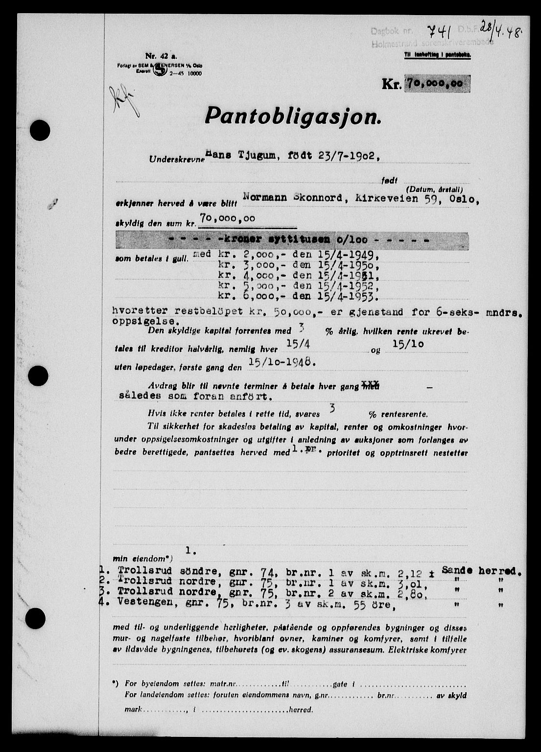 Holmestrand sorenskriveri, SAKO/A-67/G/Ga/Gab/L0058: Pantebok nr. B-58, 1947-1948, Dagboknr: 741/1948