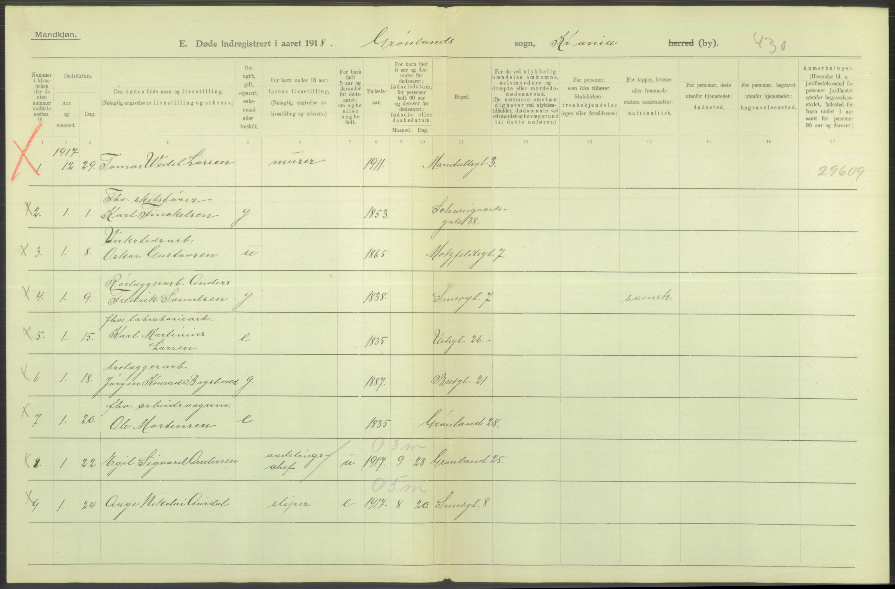 Statistisk sentralbyrå, Sosiodemografiske emner, Befolkning, AV/RA-S-2228/D/Df/Dfb/Dfbh/L0011: Kristiania: Døde, dødfødte, 1918, s. 328