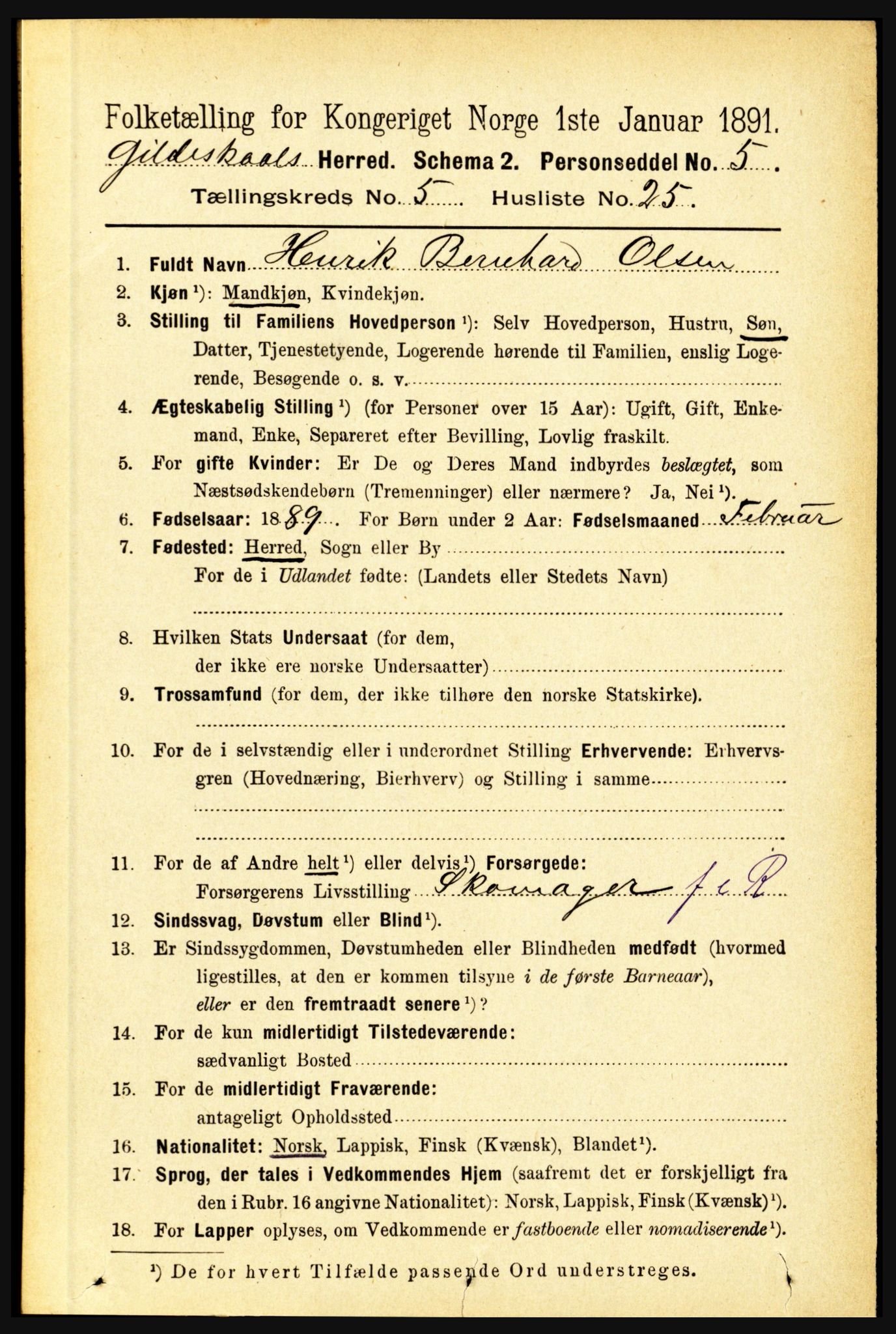 RA, Folketelling 1891 for 1838 Gildeskål herred, 1891, s. 1728