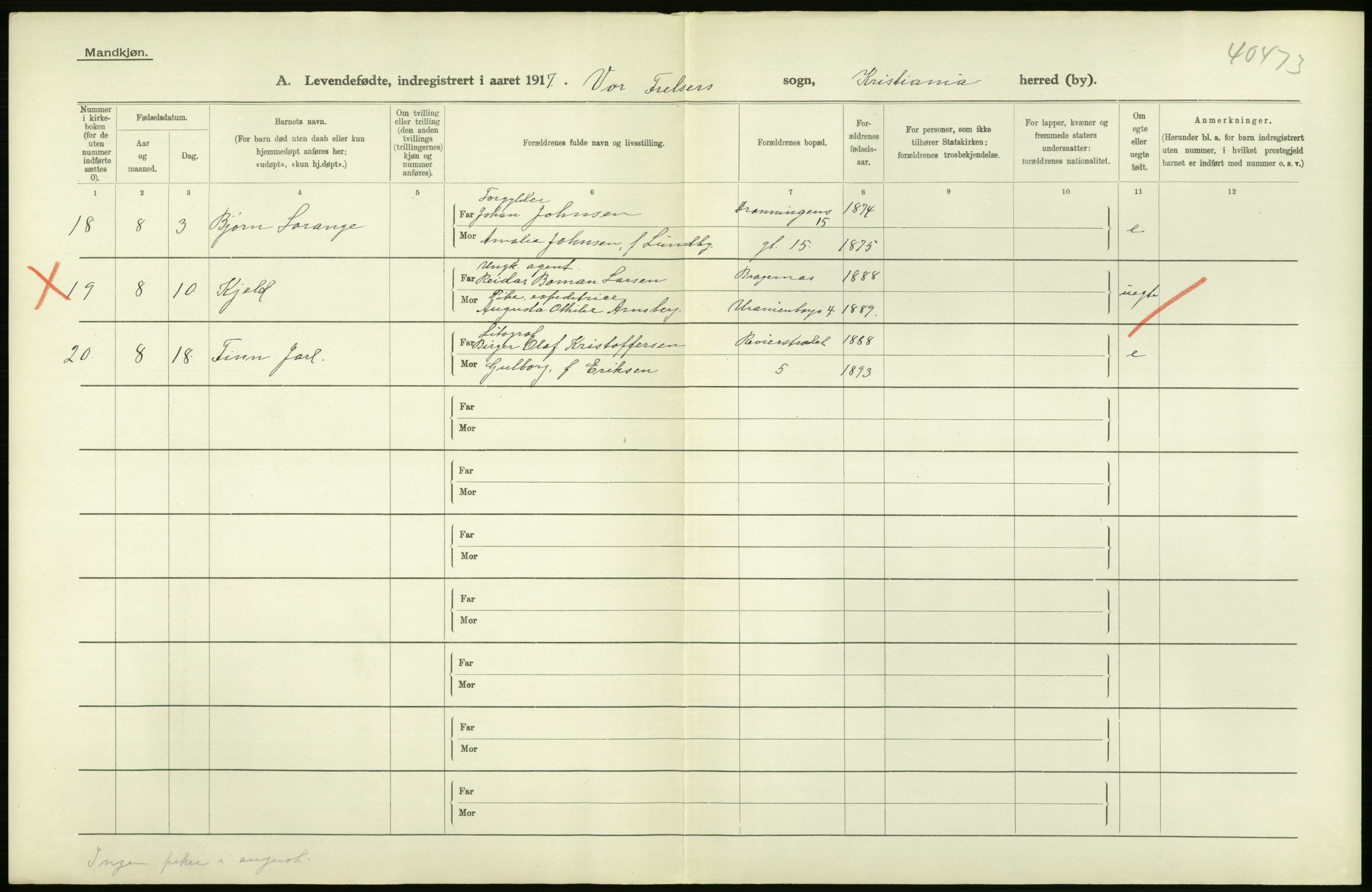 Statistisk sentralbyrå, Sosiodemografiske emner, Befolkning, RA/S-2228/D/Df/Dfb/Dfbg/L0007: Kristiania: Levendefødte menn og kvinner., 1917, s. 14