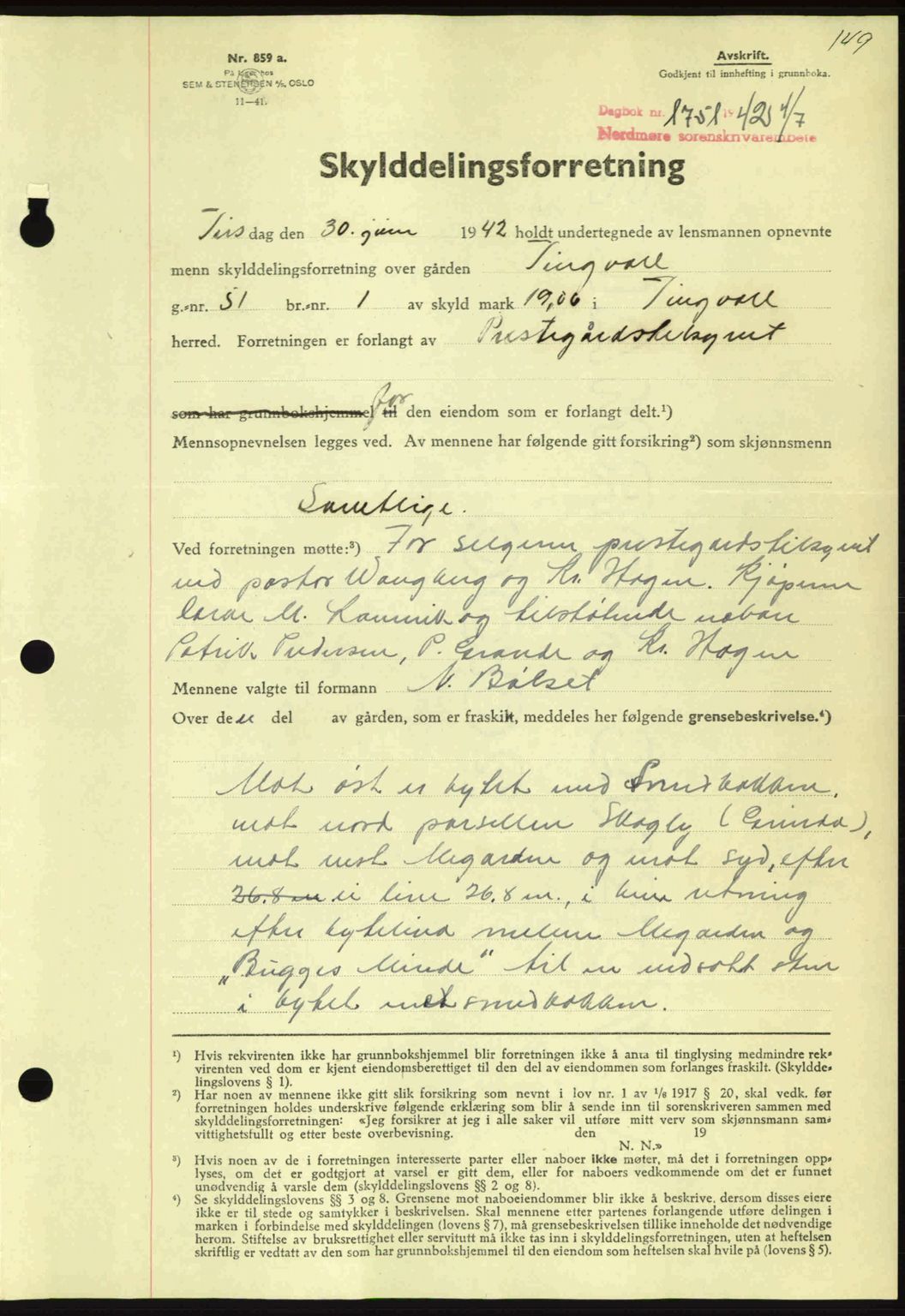 Nordmøre sorenskriveri, SAT/A-4132/1/2/2Ca: Pantebok nr. A93, 1942-1942, Dagboknr: 1751/1942