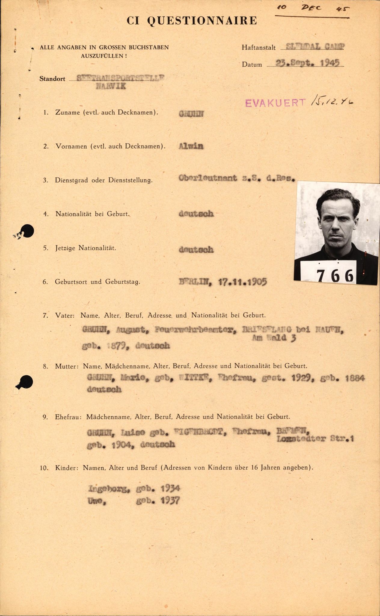 Forsvaret, Forsvarets overkommando II, AV/RA-RAFA-3915/D/Db/L0010: CI Questionaires. Tyske okkupasjonsstyrker i Norge. Tyskere., 1945-1946, s. 403
