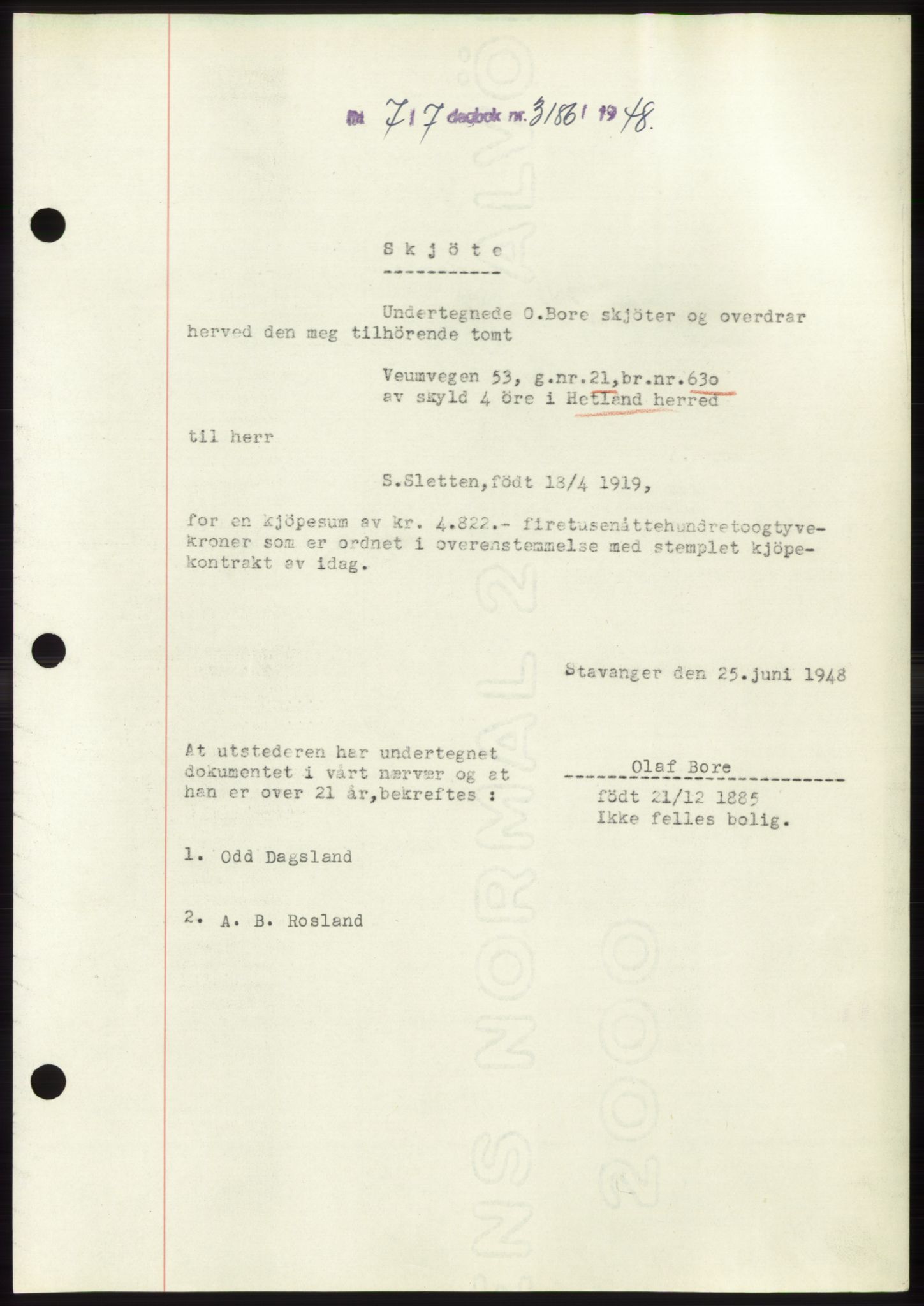 Jæren sorenskriveri, SAST/A-100310/03/G/Gba/L0099: Pantebok, 1948-1948, Dagboknr: 3186/1948