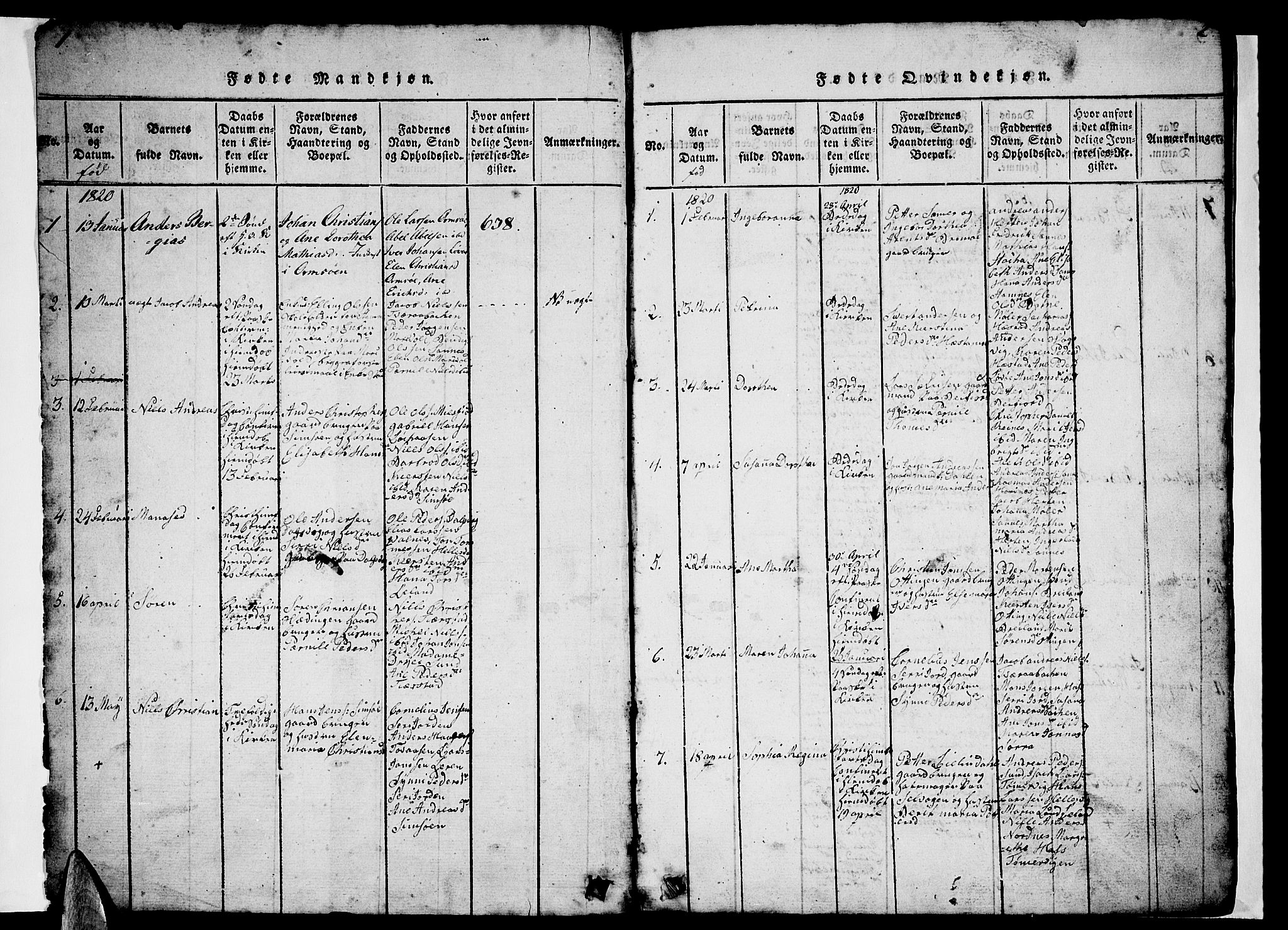 Ministerialprotokoller, klokkerbøker og fødselsregistre - Nordland, AV/SAT-A-1459/831/L0474: Klokkerbok nr. 831C01, 1820-1850, s. 1-2