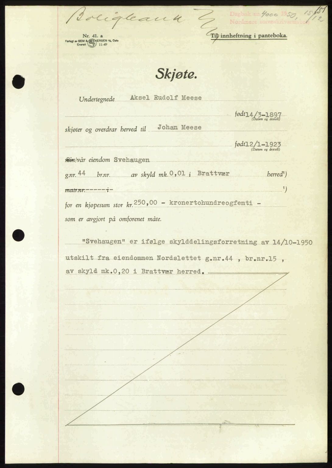 Nordmøre sorenskriveri, AV/SAT-A-4132/1/2/2Ca: Pantebok nr. A117, 1950-1950, Dagboknr: 4000/1950