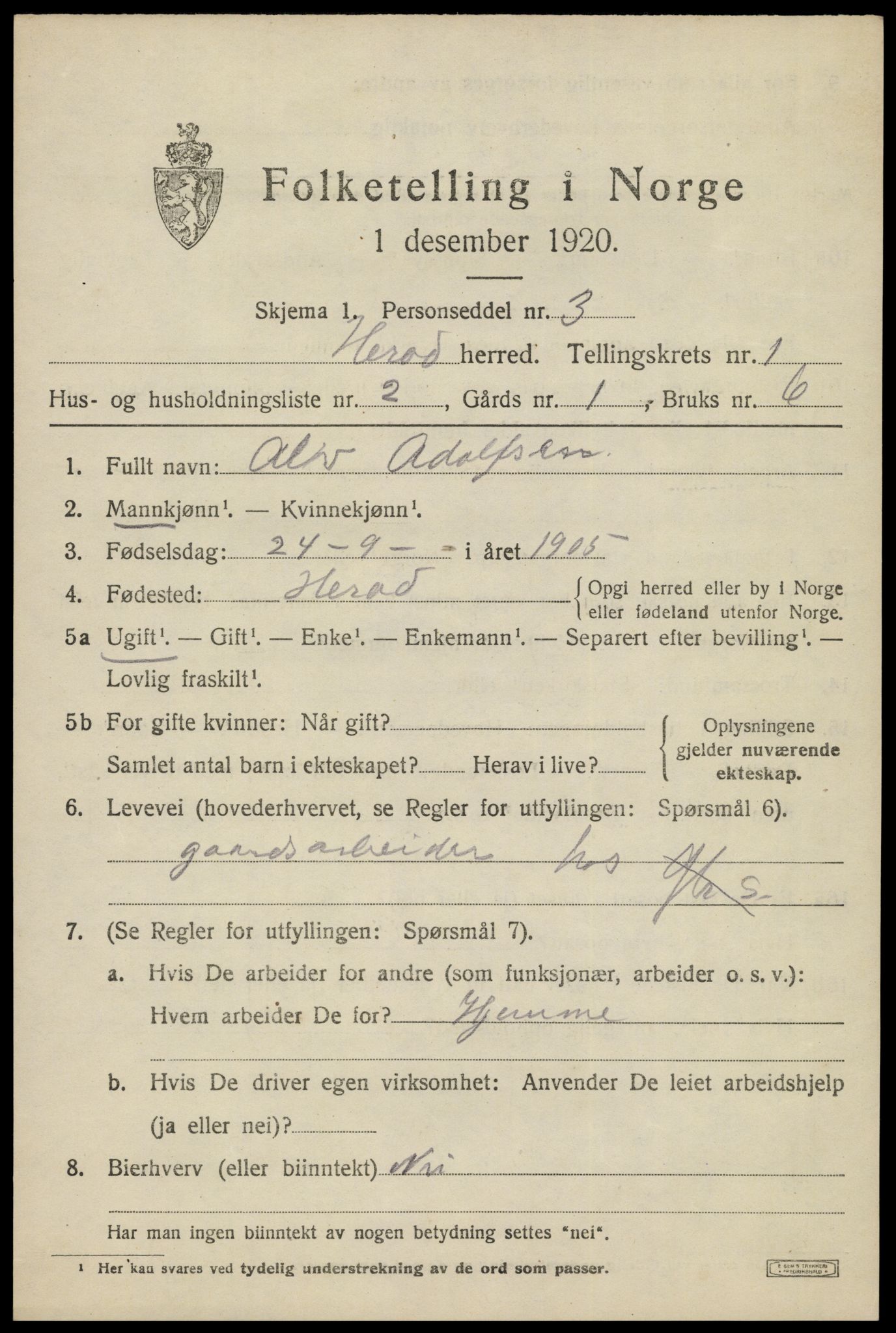 SAK, Folketelling 1920 for 1039 Herad herred, 1920, s. 442