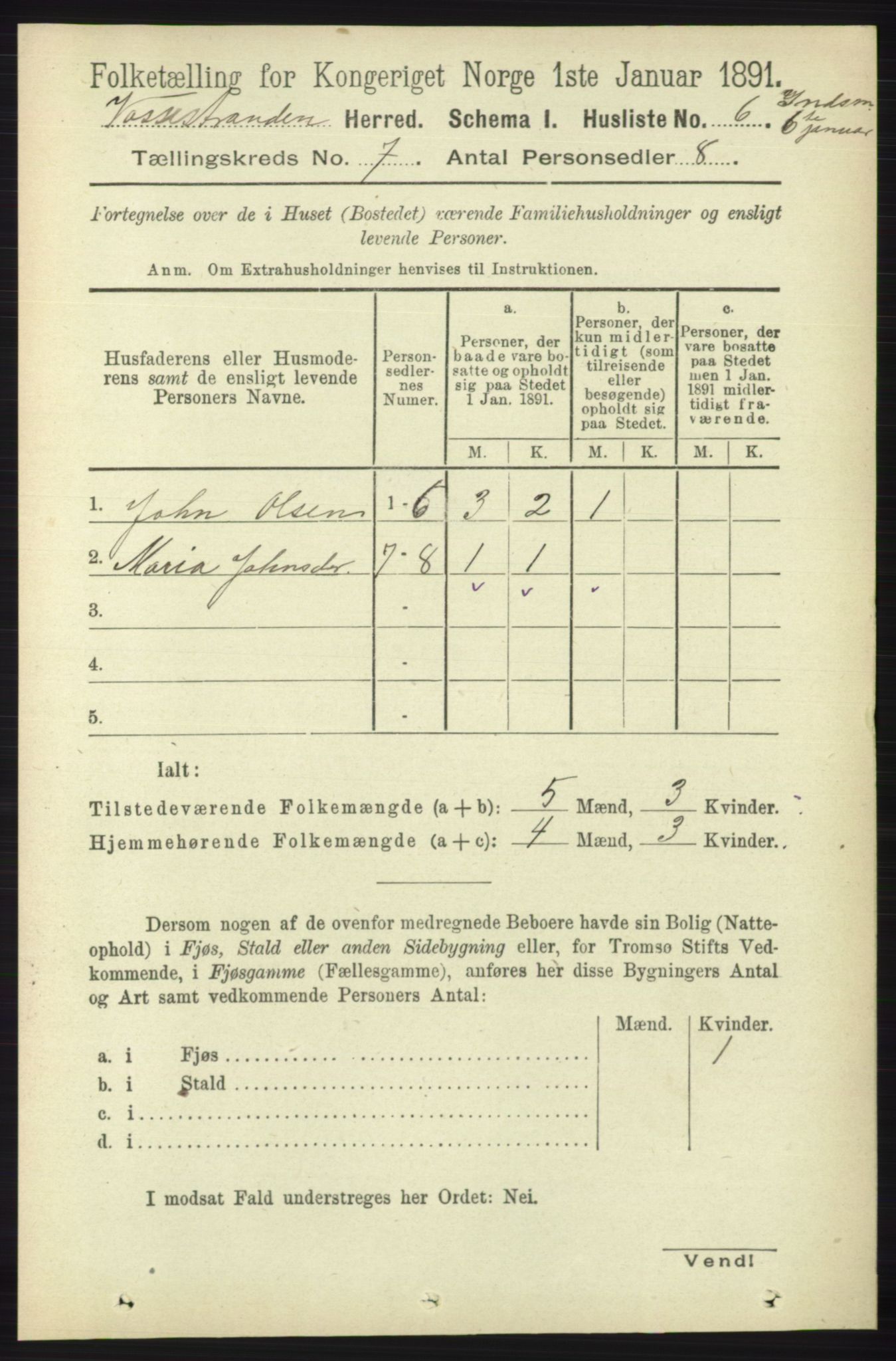 RA, Folketelling 1891 for 1236 Vossestrand herred, 1891, s. 2318