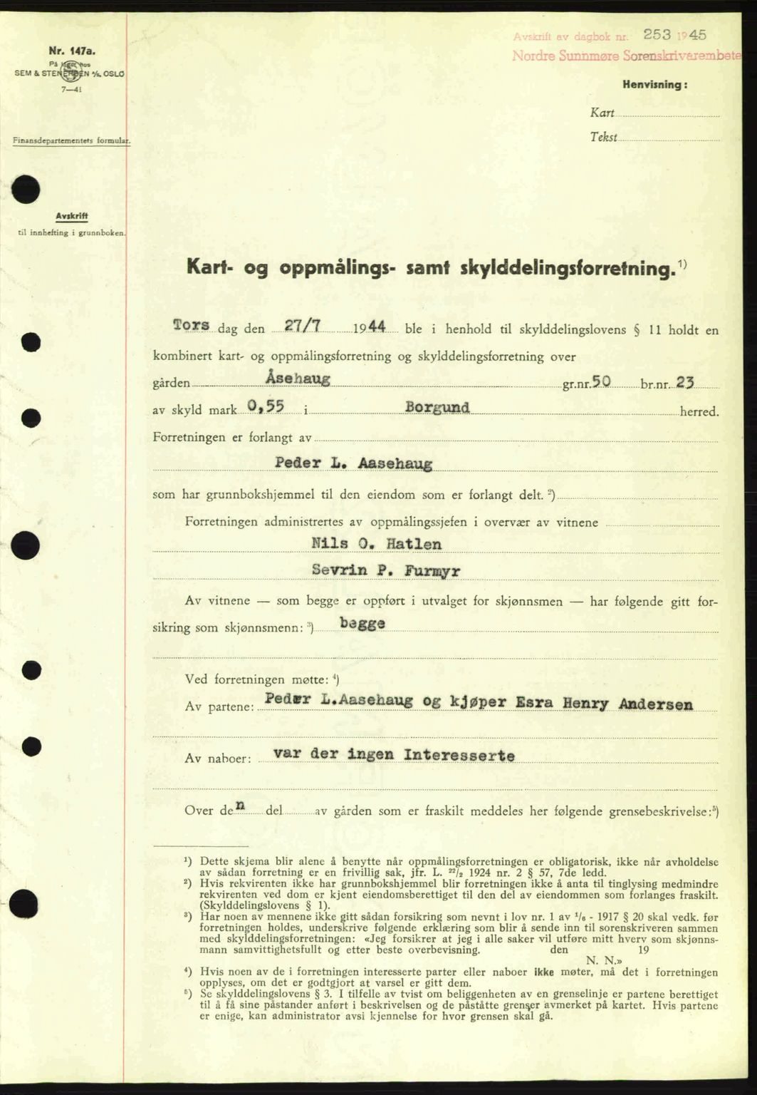 Nordre Sunnmøre sorenskriveri, SAT/A-0006/1/2/2C/2Ca: Pantebok nr. A19, 1944-1945, Dagboknr: 253/1945