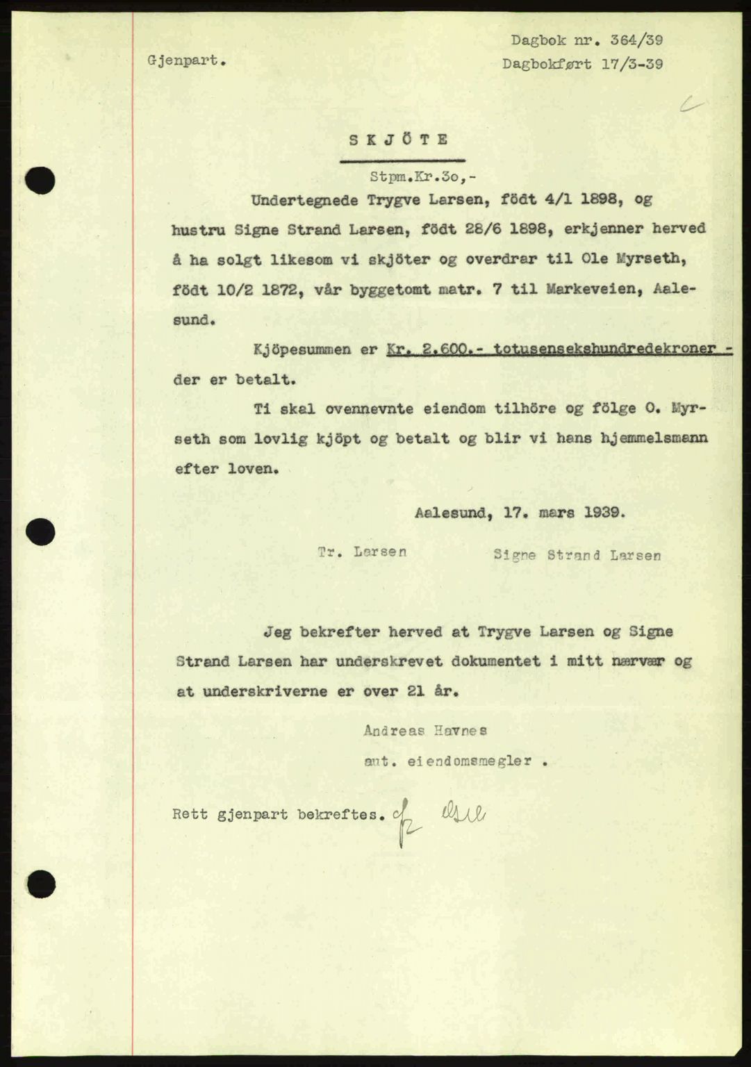 Ålesund byfogd, AV/SAT-A-4384: Pantebok nr. 34 II, 1938-1940, Dagboknr: 364/1939