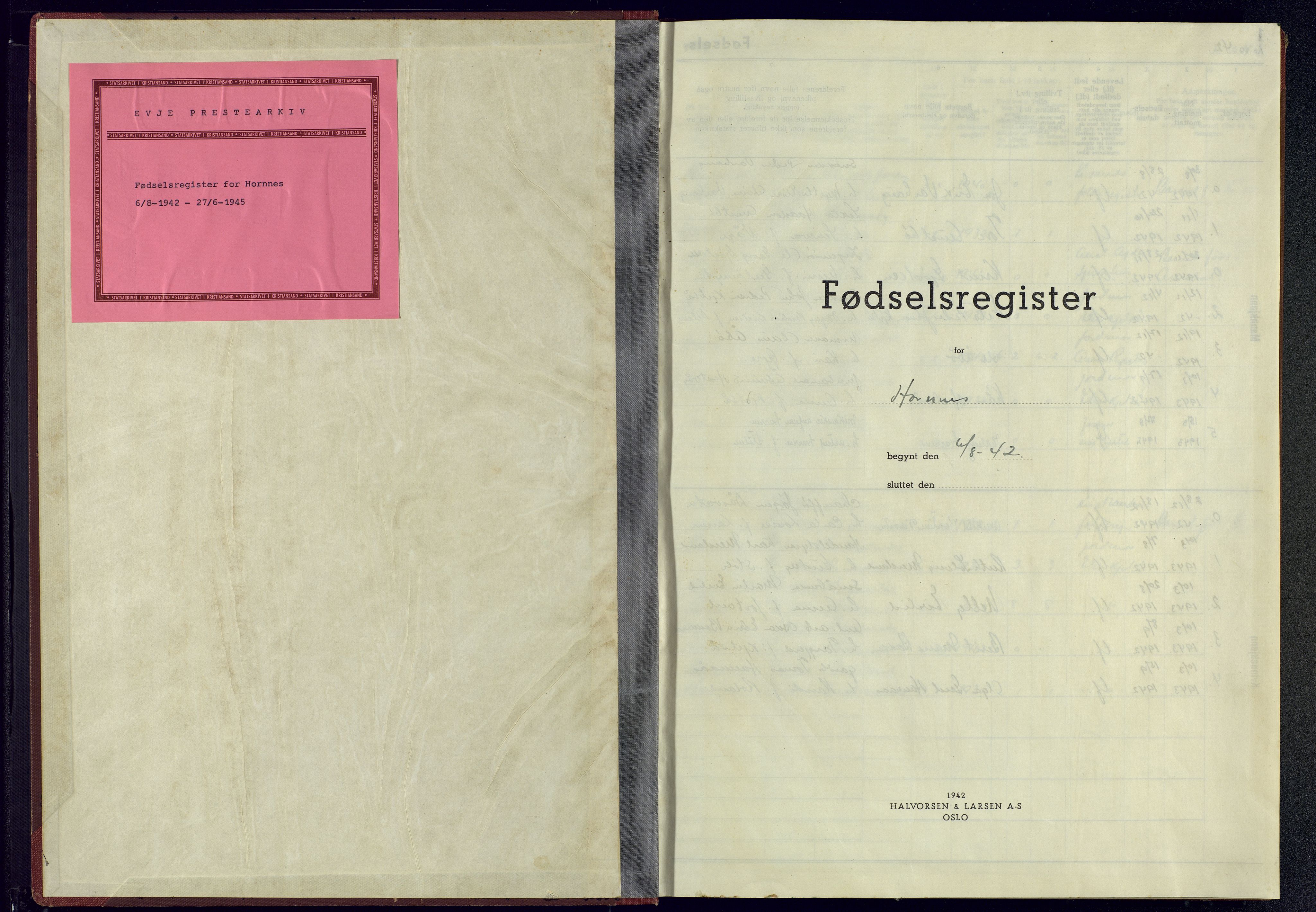 Evje sokneprestkontor, SAK/1111-0008/J/Je/L0002: Fødselsregister nr. II.6.2, 1942-1945