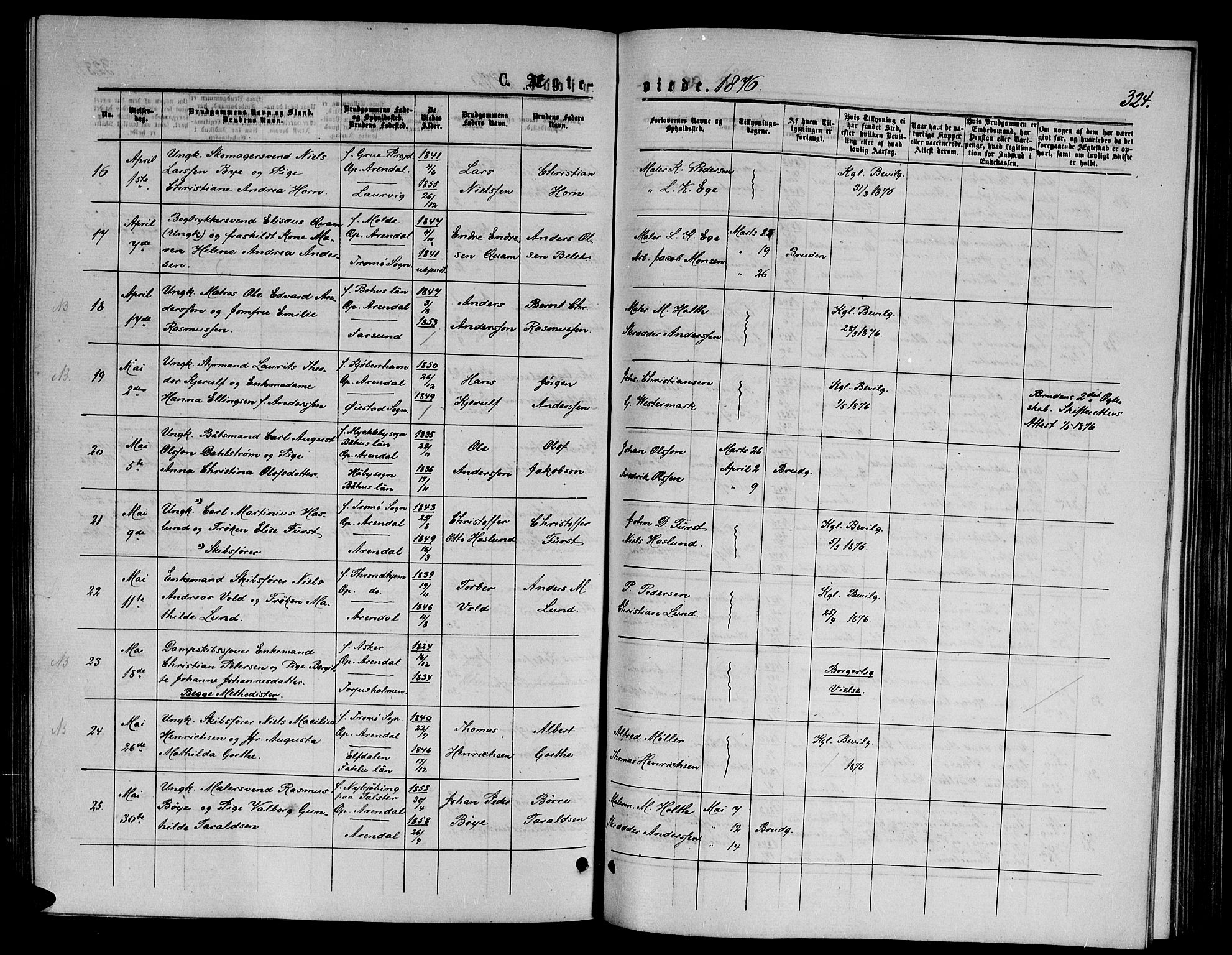 Arendal sokneprestkontor, Trefoldighet, AV/SAK-1111-0040/F/Fb/L0005: Klokkerbok nr. B 5, 1874-1888, s. 324