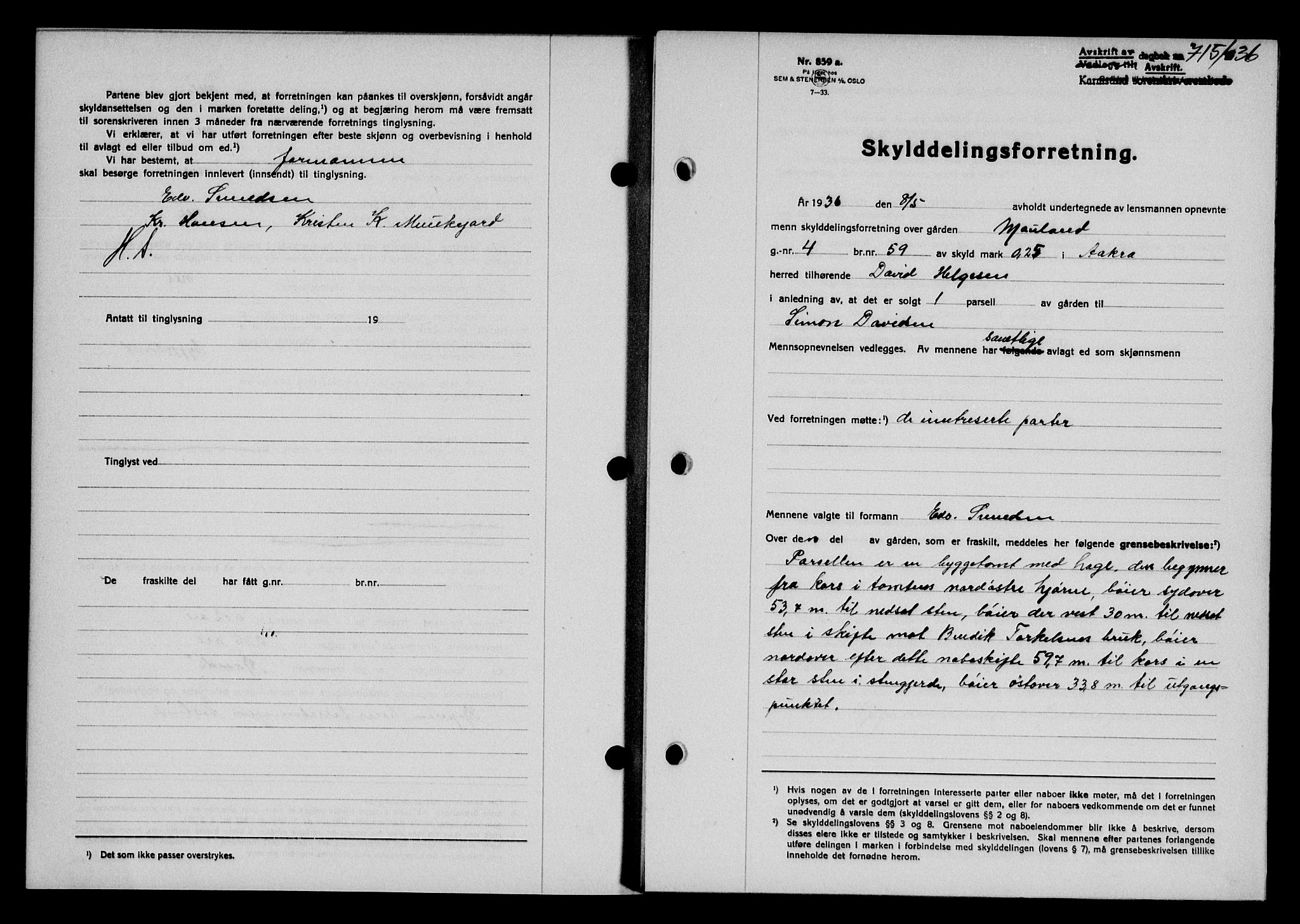 Karmsund sorenskriveri, SAST/A-100311/01/II/IIB/L0066: Pantebok nr. 47A, 1936-1936, Dagboknr: 715/1936