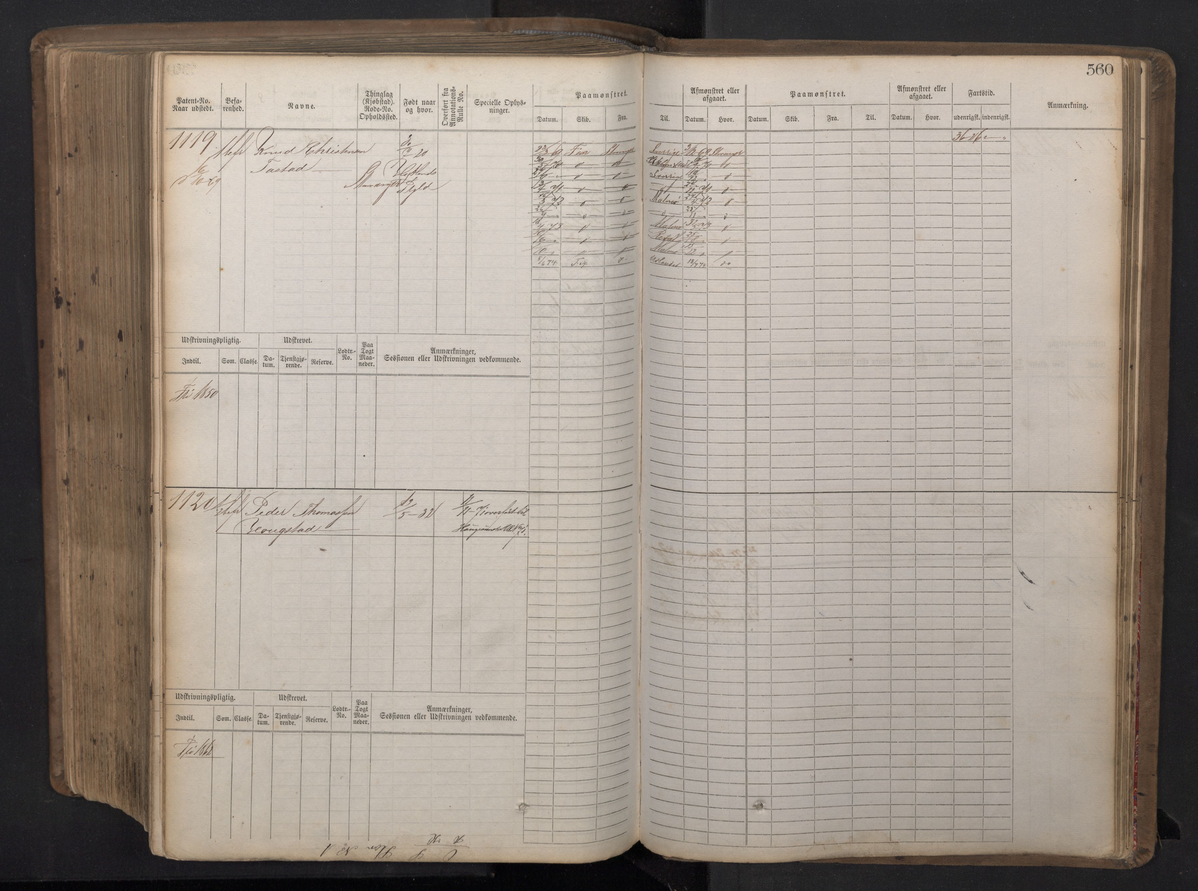 Stavanger sjømannskontor, AV/SAST-A-102006/F/Fb/Fbb/L0016: Sjøfartshovedrulle patnentnr. 1-1202 (dublett), 1869, s. 560