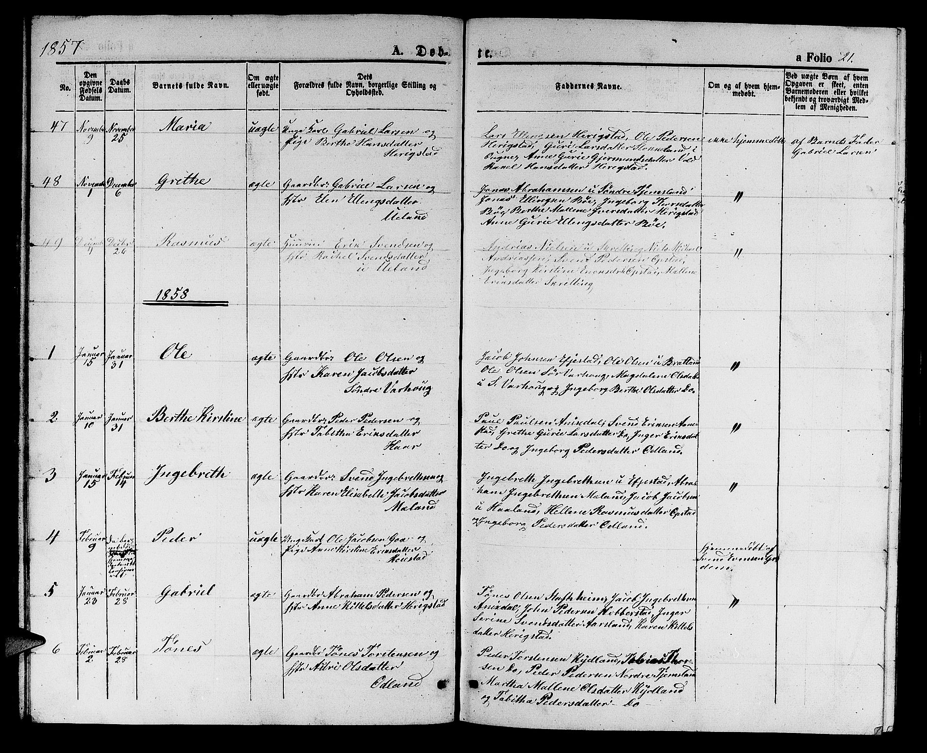 Hå sokneprestkontor, AV/SAST-A-101801/001/30BB/L0002: Klokkerbok nr. B 2, 1854-1883, s. 21