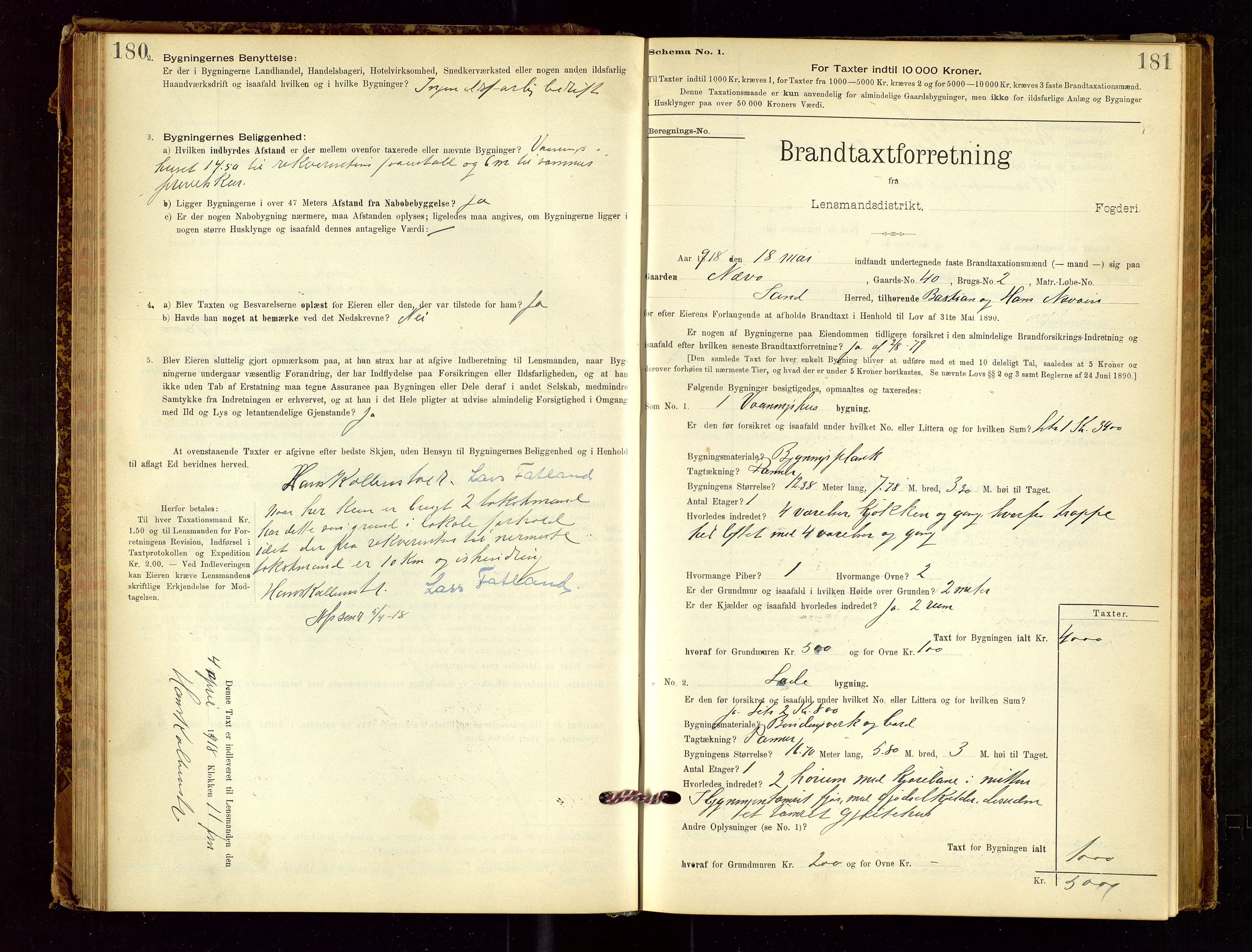 Sand lensmannskontor, AV/SAST-A-100415/Goc/L0001: "Brandtaxationsprotokol", 1895-1935, s. 180-181