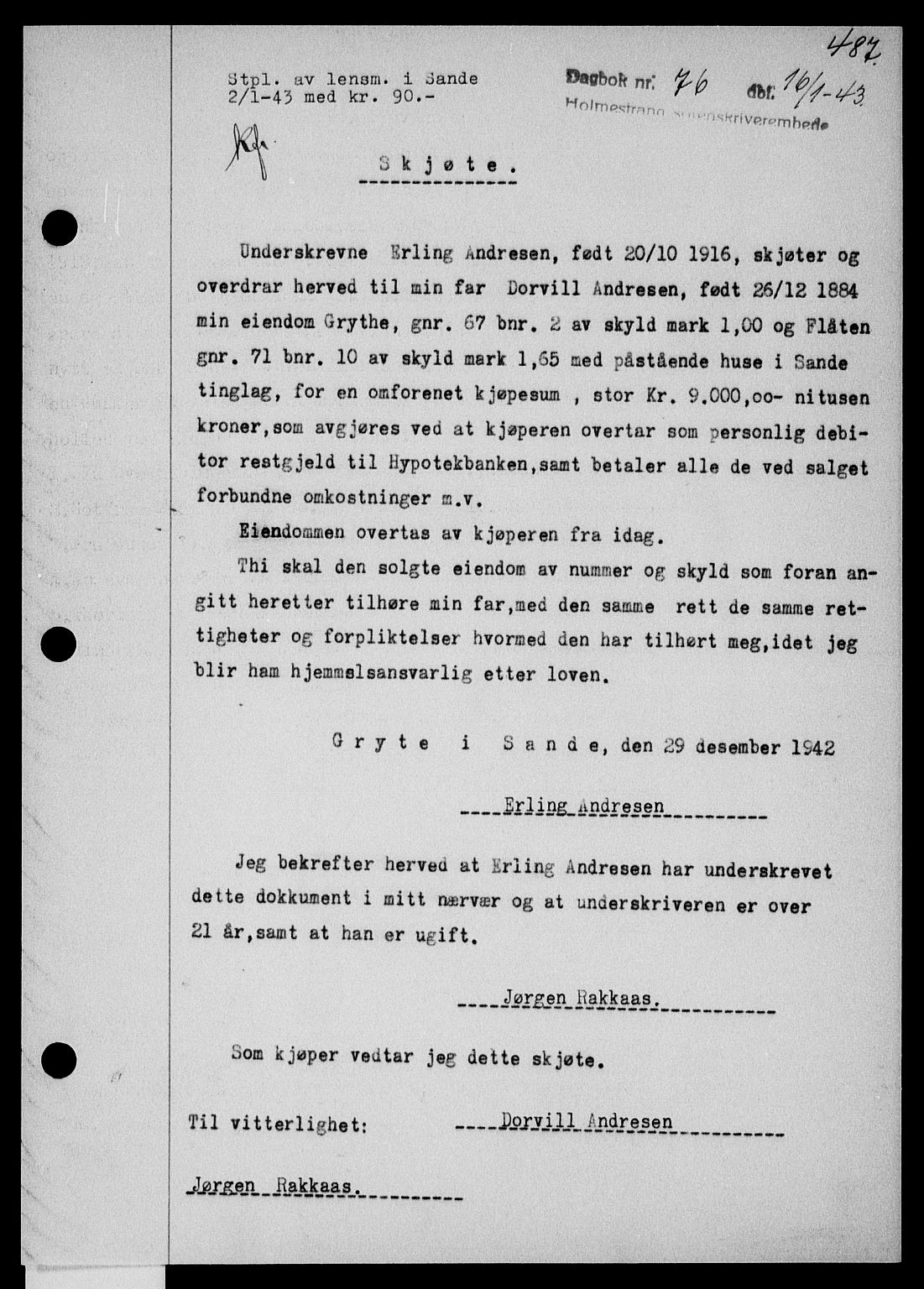 Holmestrand sorenskriveri, SAKO/A-67/G/Ga/Gaa/L0056: Pantebok nr. A-56, 1942-1943, Dagboknr: 76/1943
