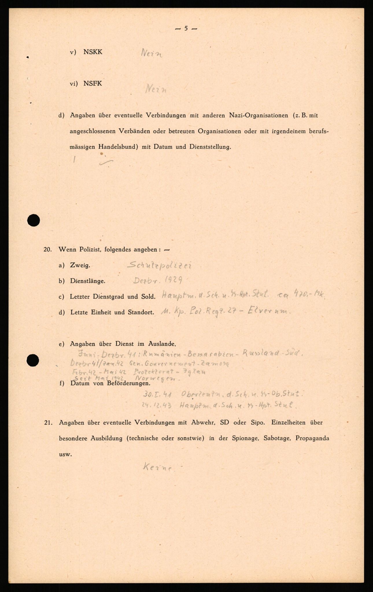Forsvaret, Forsvarets overkommando II, RA/RAFA-3915/D/Db/L0039: CI Questionaires. Tyske okkupasjonsstyrker i Norge. Østerrikere., 1945-1946, s. 136