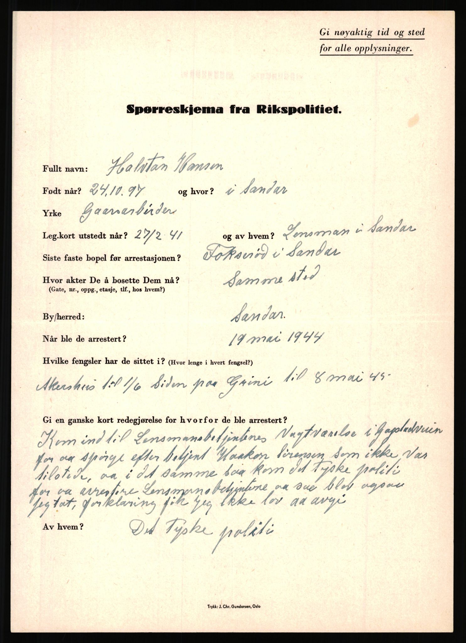 Rikspolitisjefen, AV/RA-S-1560/L/L0006: Hansen, Adolf Boye - Hemstad, Gunnar, 1940-1945, s. 161