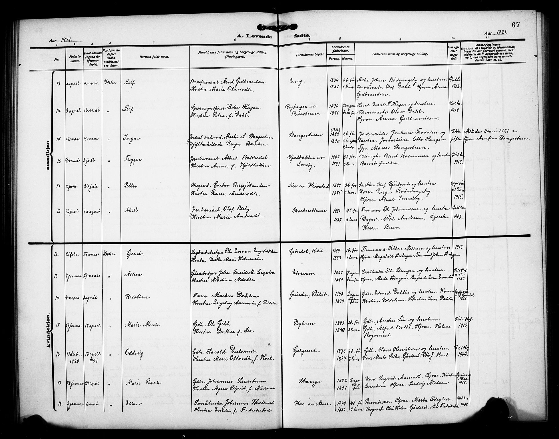 Østre Toten prestekontor, AV/SAH-PREST-104/H/Ha/Hab/L0008: Klokkerbok nr. 8, 1913-1929, s. 67