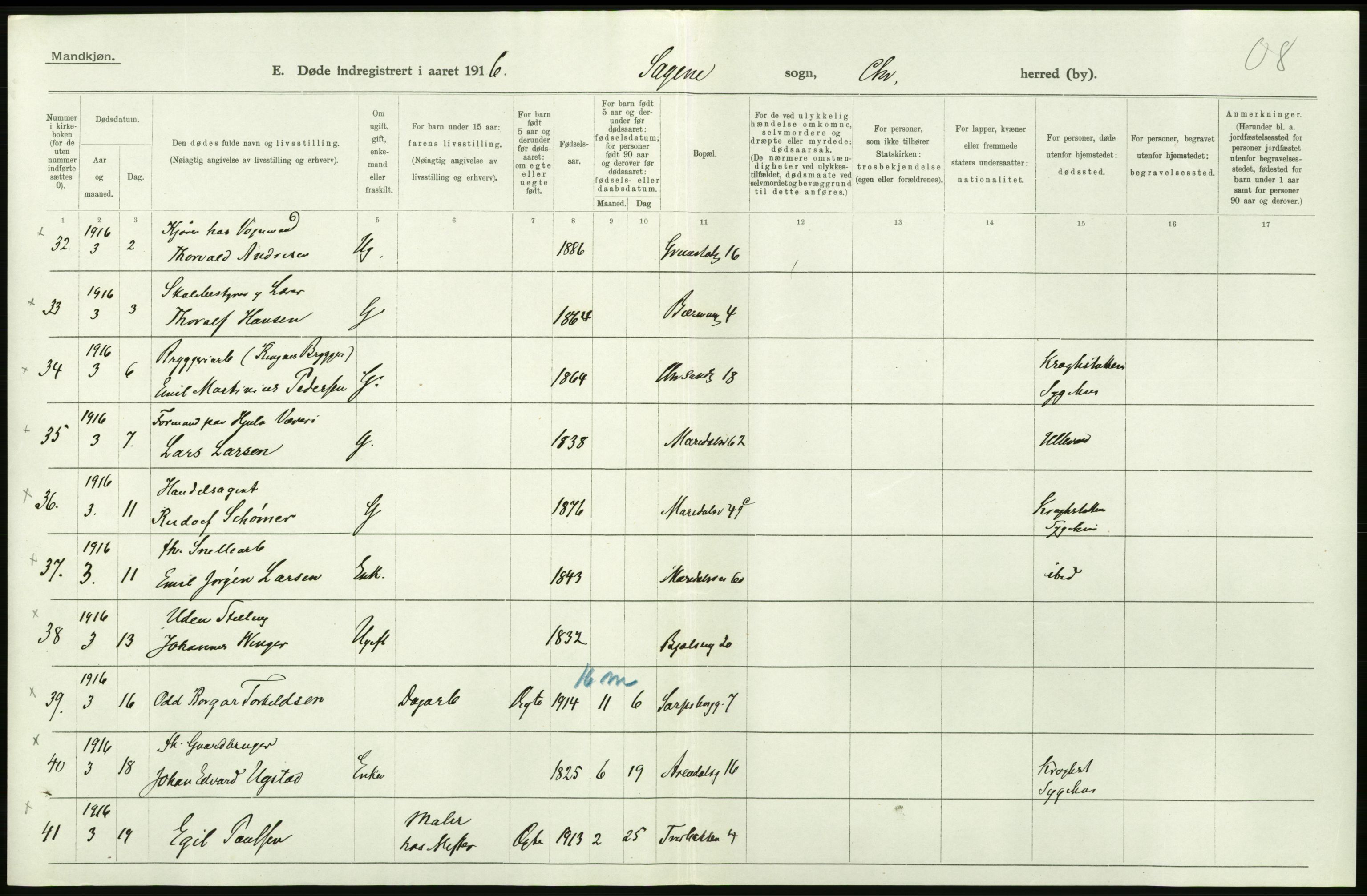 Statistisk sentralbyrå, Sosiodemografiske emner, Befolkning, AV/RA-S-2228/D/Df/Dfb/Dfbf/L0010: Kristiania: Døde, dødfødte., 1916, s. 230