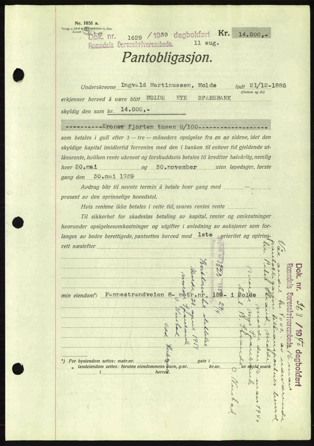 Romsdal sorenskriveri, SAT/A-4149/1/2/2C: Pantebok nr. B2, 1939-1945, Dagboknr: 1629/1939
