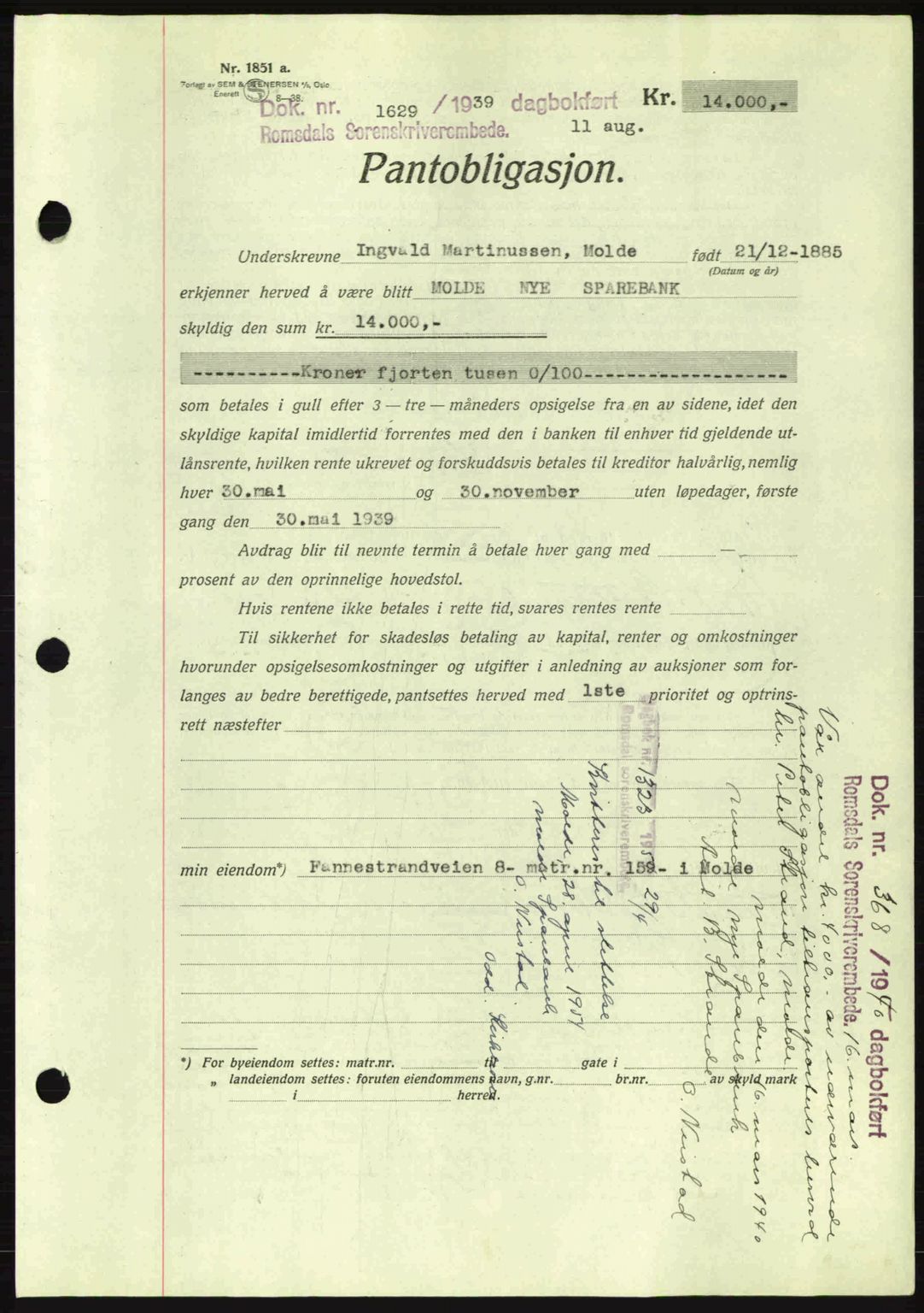 Romsdal sorenskriveri, AV/SAT-A-4149/1/2/2C: Pantebok nr. B2, 1939-1945, Dagboknr: 1629/1939