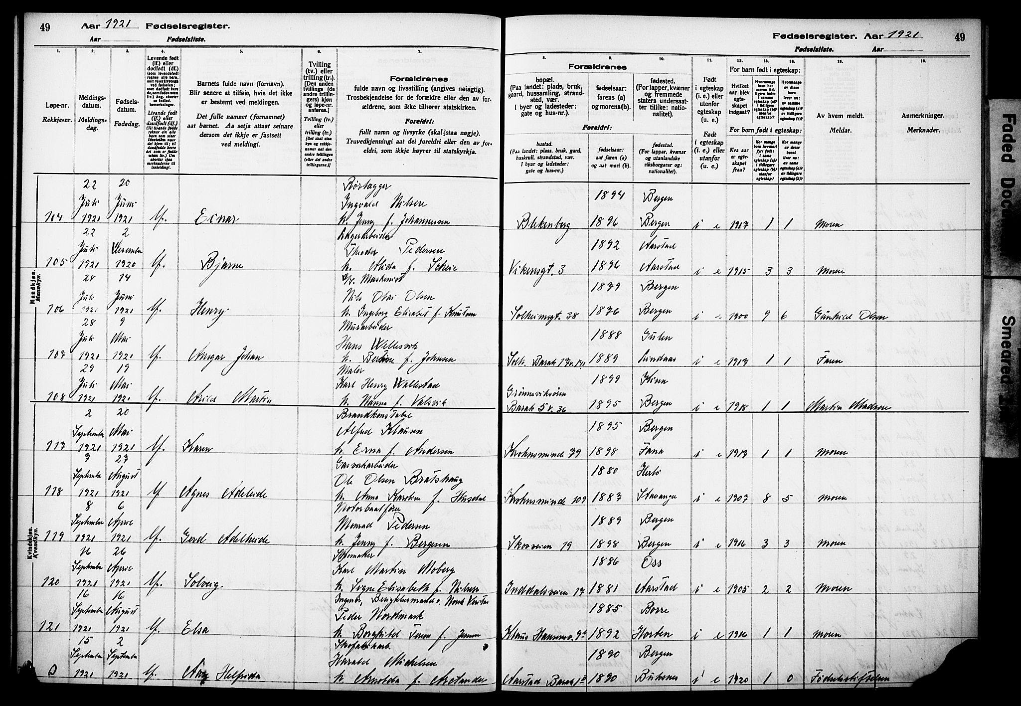 Årstad Sokneprestembete, AV/SAB-A-79301/I/Id/L0A02: Fødselsregister nr. A 2, 1920-1924, s. 49