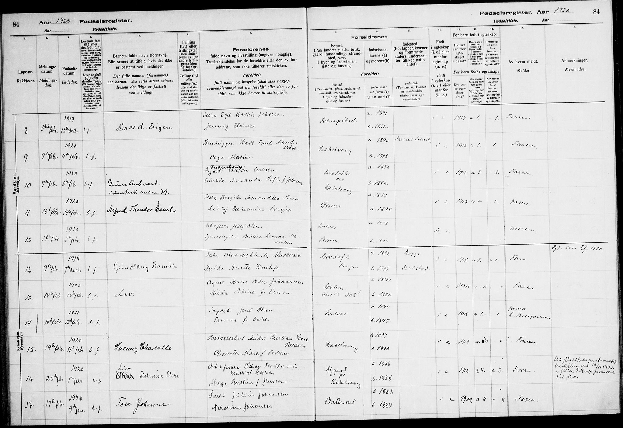 Ministerialprotokoller, klokkerbøker og fødselsregistre - Nordland, AV/SAT-A-1459/874/L1089: Fødselsregister nr. 874.II.4.1, 1916-1926, s. 84