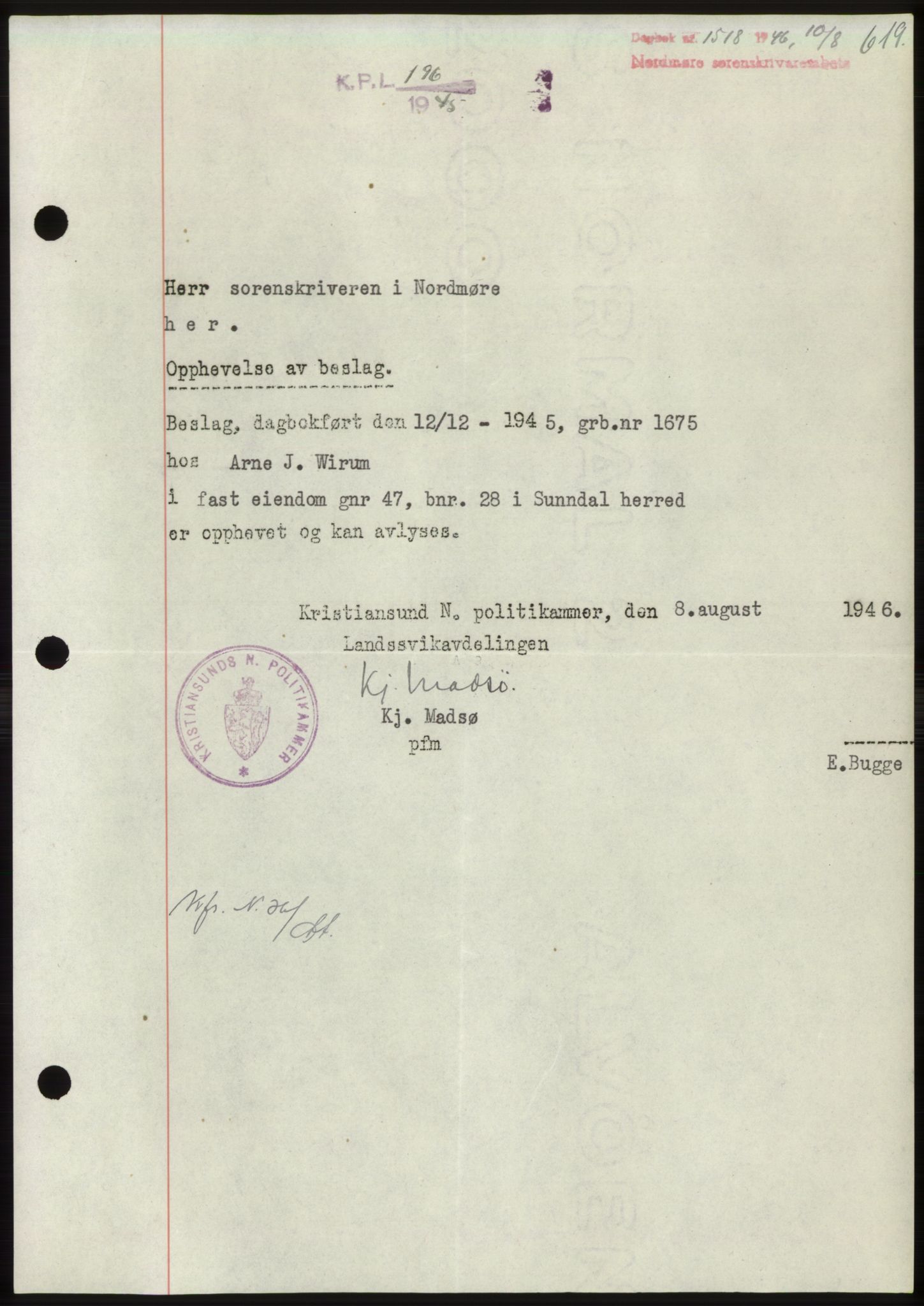 Nordmøre sorenskriveri, SAT/A-4132/1/2/2Ca: Pantebok nr. B94, 1946-1946, Dagboknr: 1518/1946