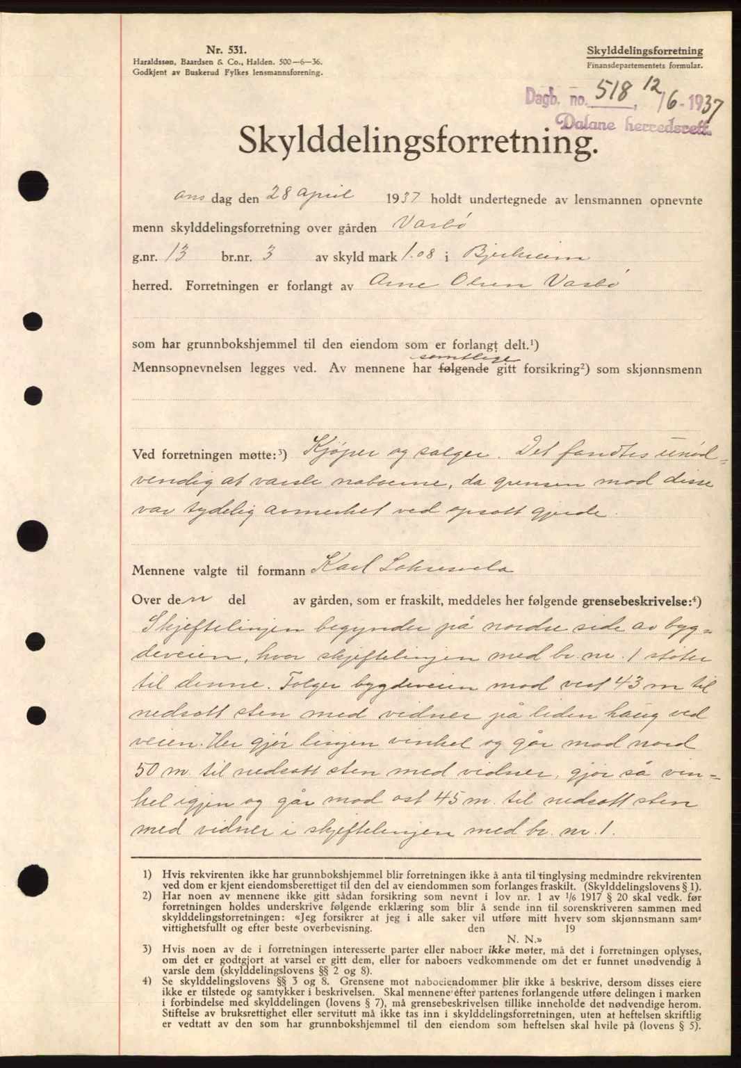 Dalane sorenskriveri, SAST/A-100309/02/G/Gb/L0041: Pantebok nr. A2, 1936-1937, Dagboknr: 518/1937