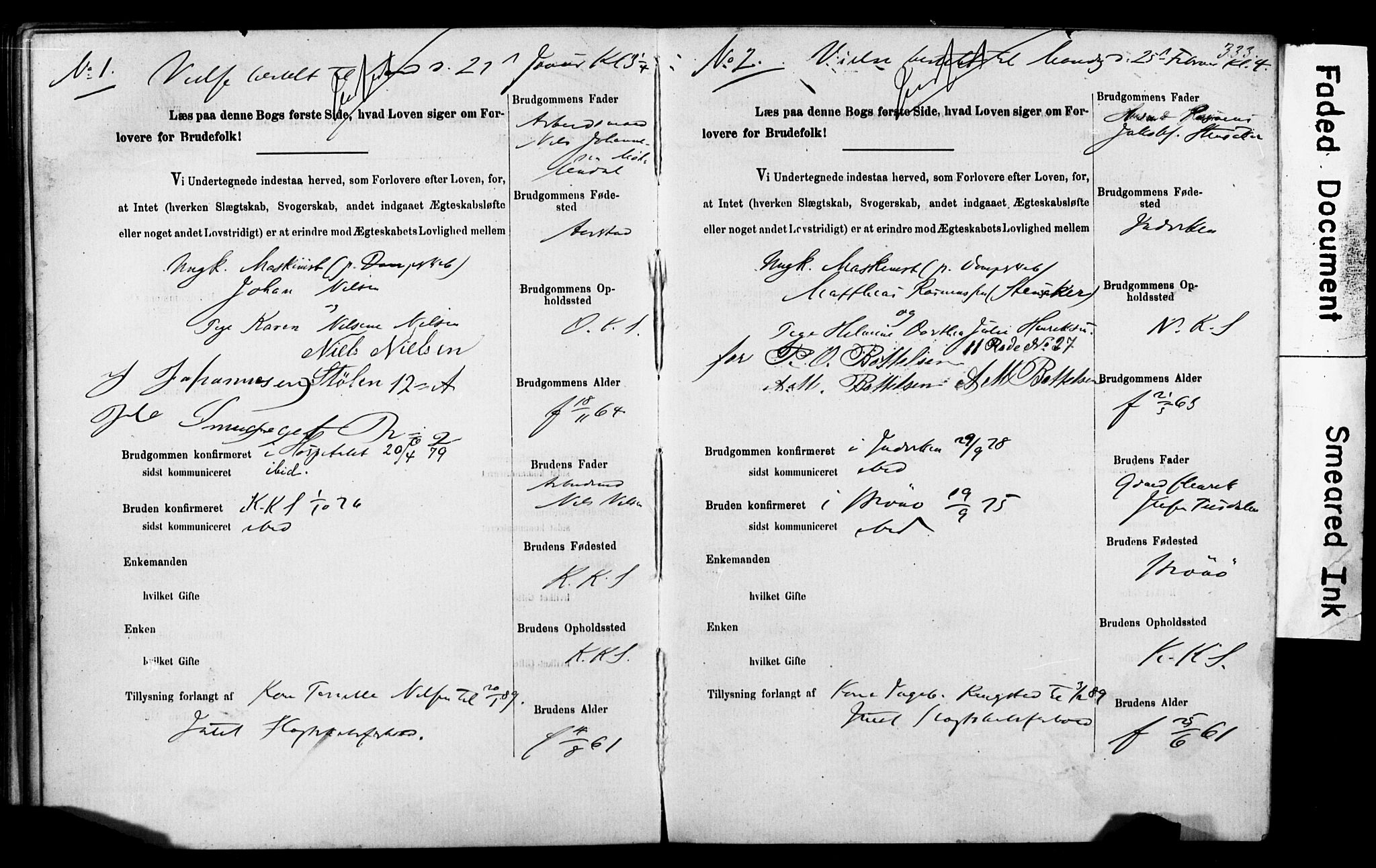 Korskirken sokneprestembete, SAB/A-76101: Forlovererklæringer nr. II.5.5, 1878-1889, s. 333