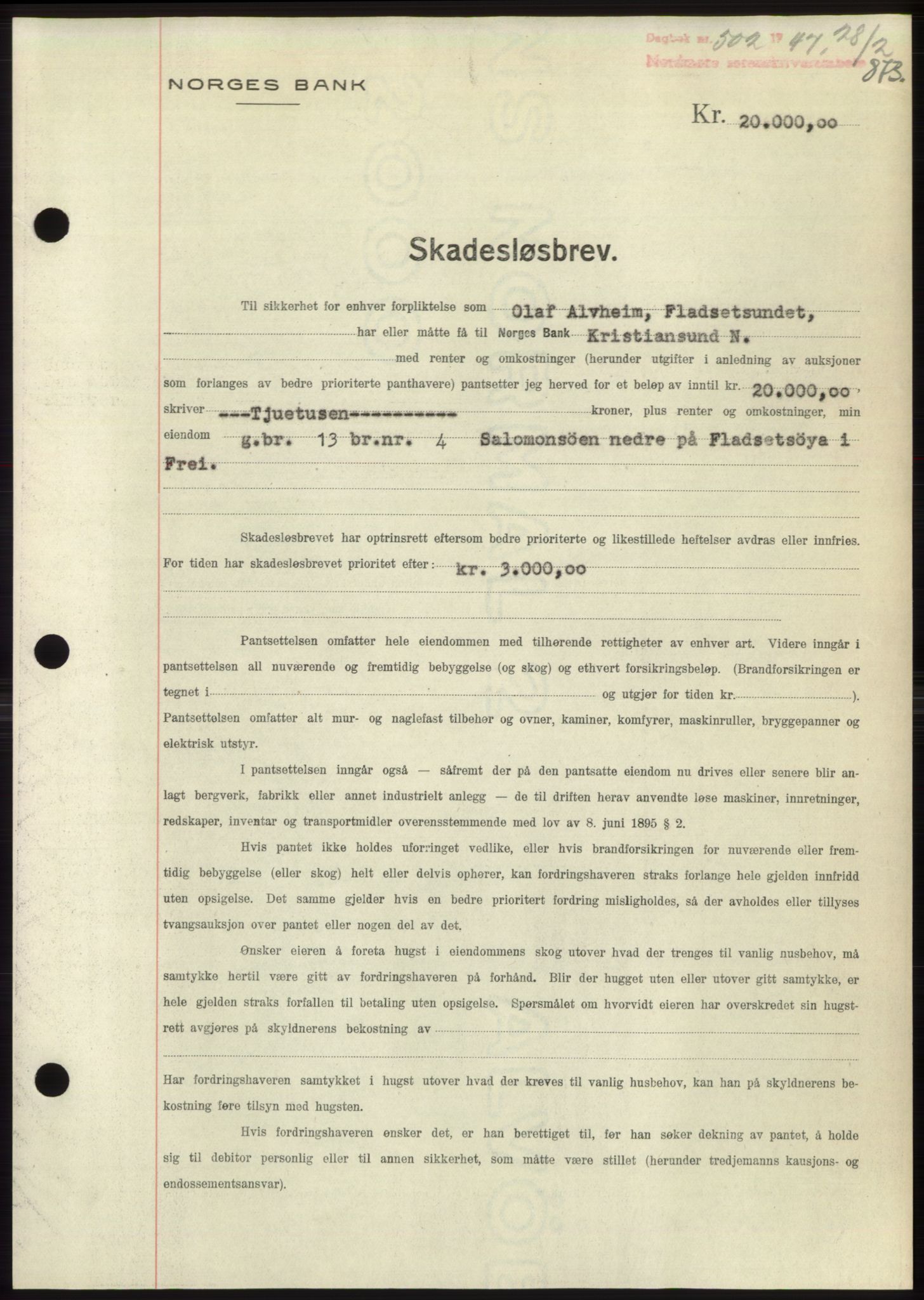 Nordmøre sorenskriveri, SAT/A-4132/1/2/2Ca: Pantebok nr. B95, 1946-1947, Dagboknr: 502/1947