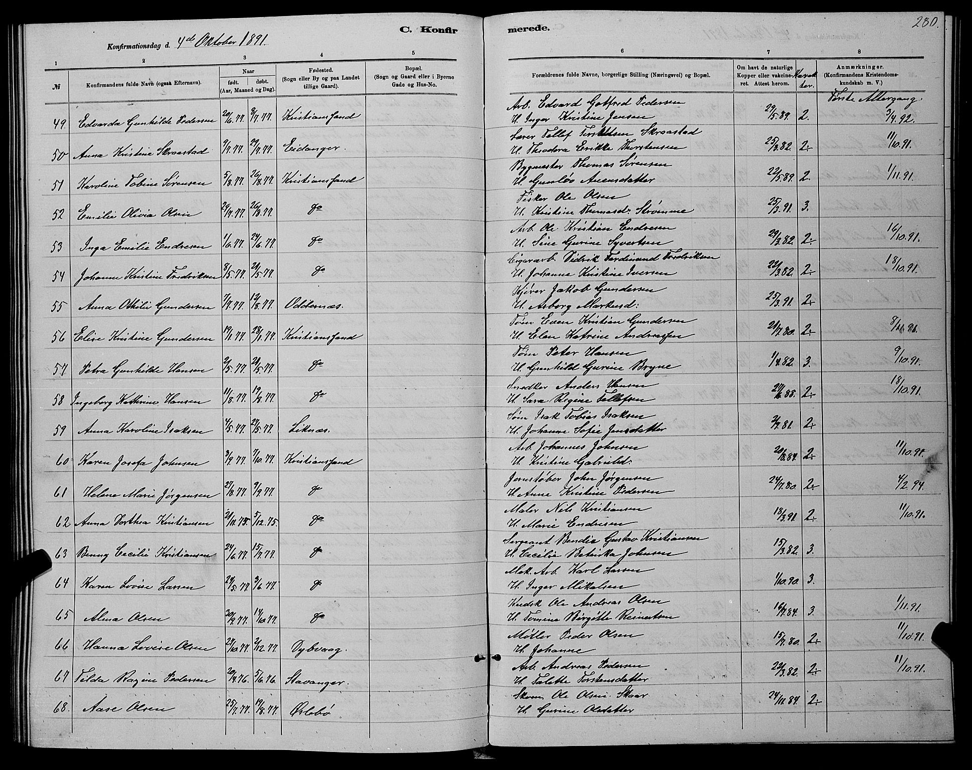 Kristiansand domprosti, AV/SAK-1112-0006/F/Fb/L0016: Klokkerbok nr. B 16, 1881-1893, s. 280