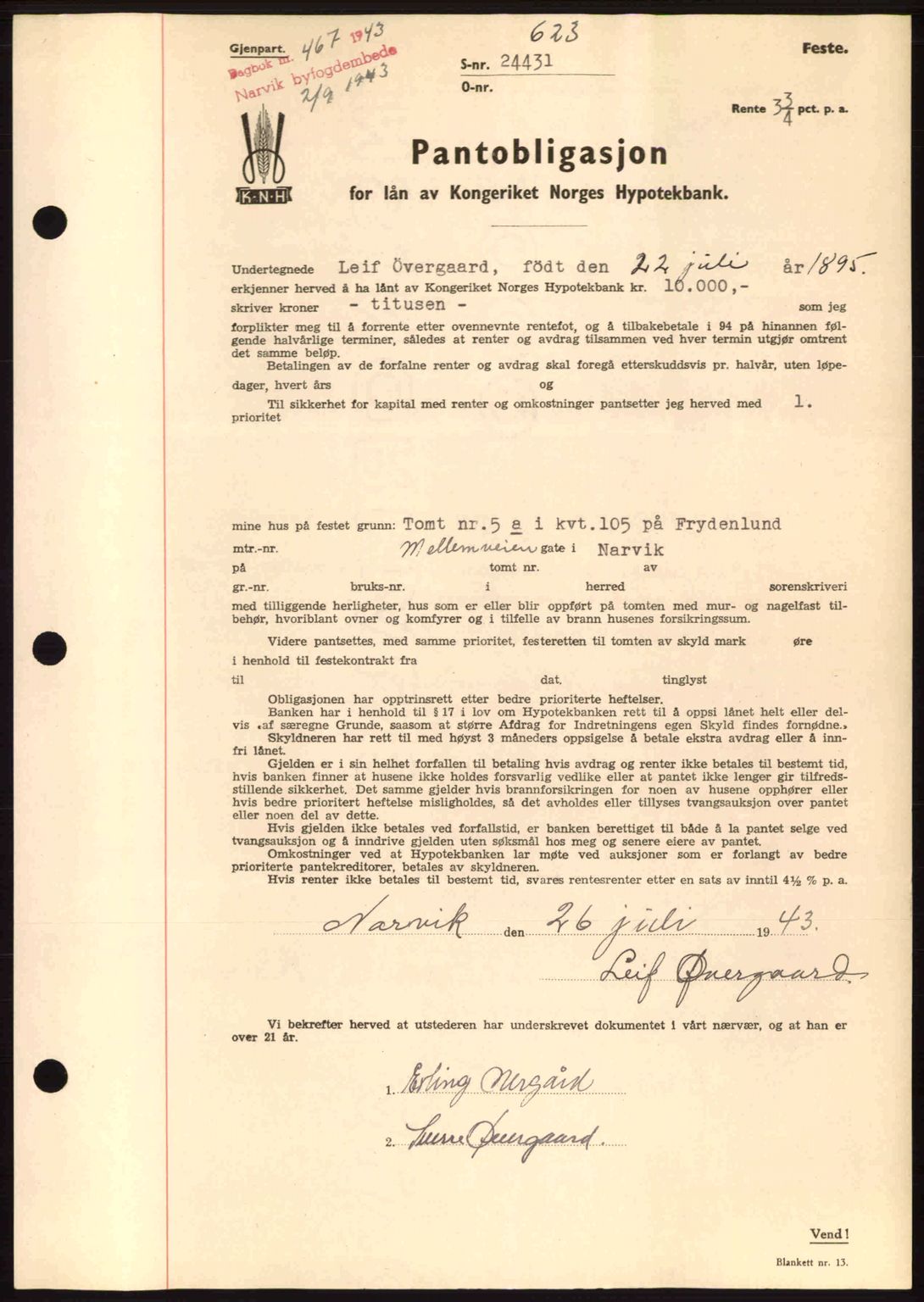 Narvik sorenskriveri, SAT/A-0002/1/2/2C/2Ca: Pantebok nr. A19, 1942-1943, Dagboknr: 467/1943