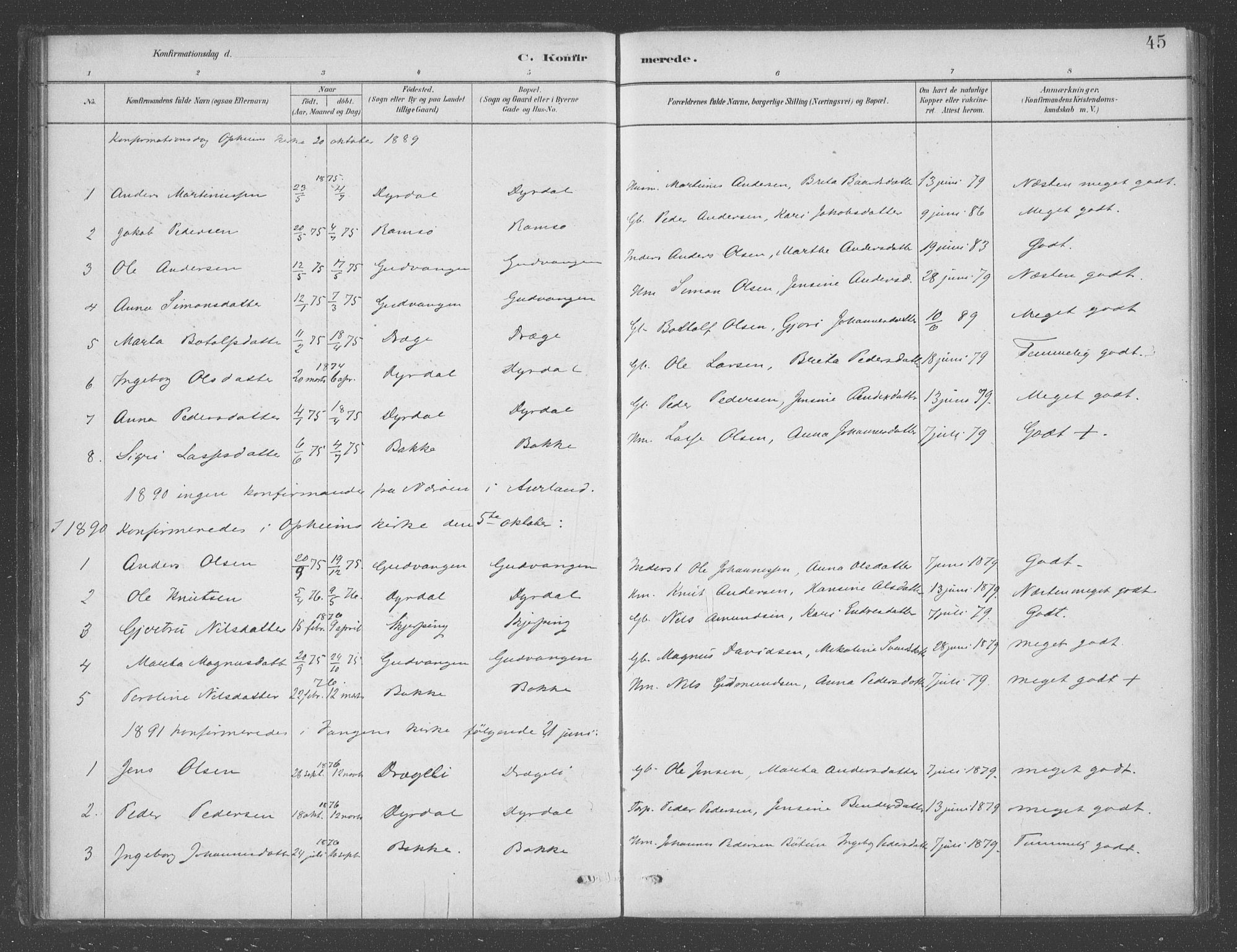 Aurland sokneprestembete, AV/SAB-A-99937/H/Ha/Had/L0001: Ministerialbok nr. D  1, 1880-1903, s. 45