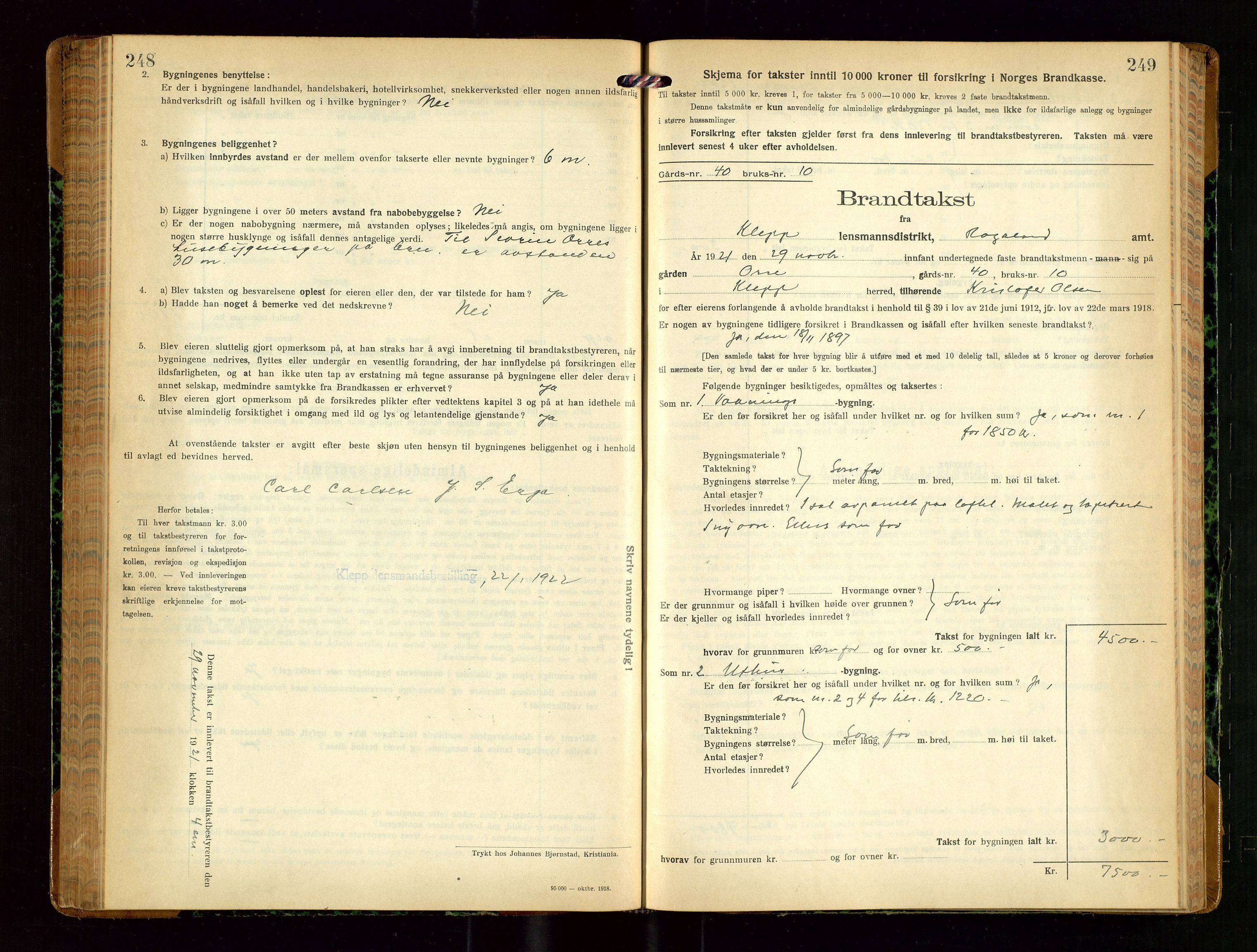 Klepp lensmannskontor, AV/SAST-A-100163/Goc/L0010: "Brandtakstprotokoll" m/register, 1919-1924, s. 248-249