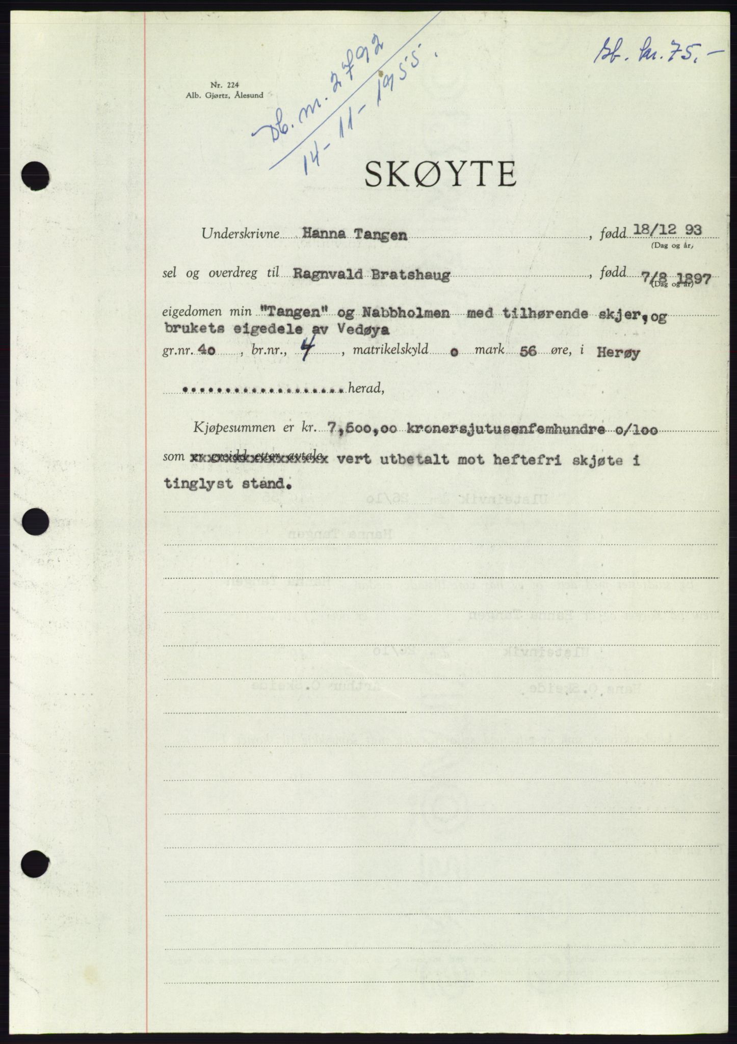 Søre Sunnmøre sorenskriveri, SAT/A-4122/1/2/2C/L0102: Pantebok nr. 28A, 1955-1956, Dagboknr: 2792/1955