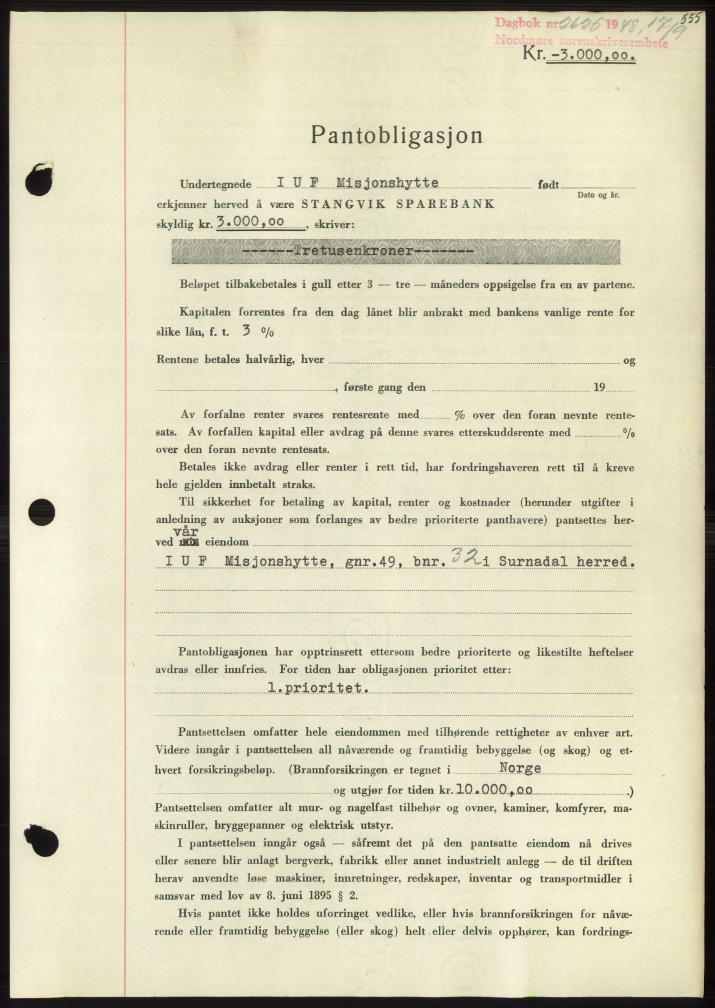 Nordmøre sorenskriveri, SAT/A-4132/1/2/2Ca: Pantebok nr. B99, 1948-1948, Dagboknr: 2625/1948