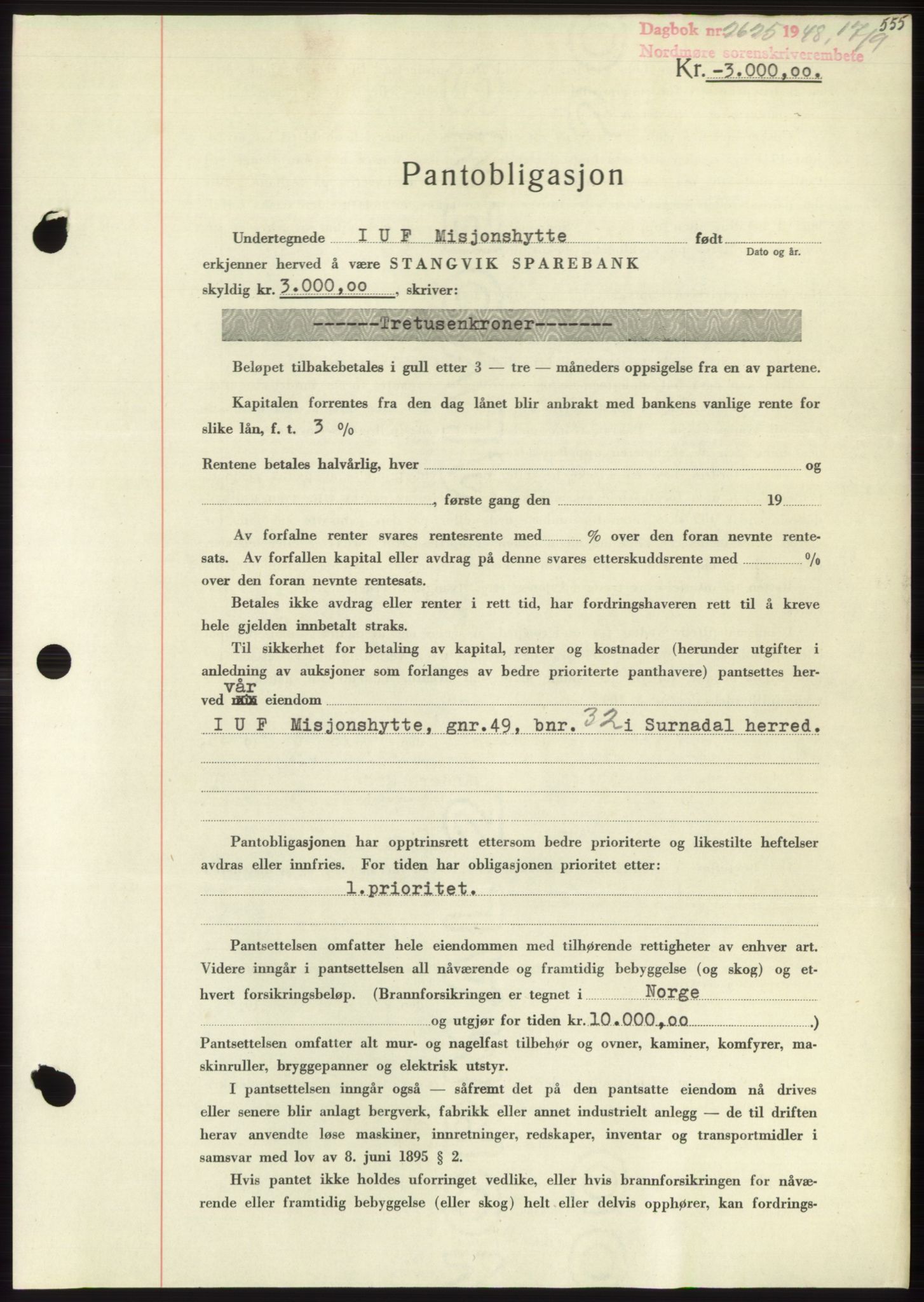 Nordmøre sorenskriveri, AV/SAT-A-4132/1/2/2Ca: Pantebok nr. B99, 1948-1948, Dagboknr: 2625/1948